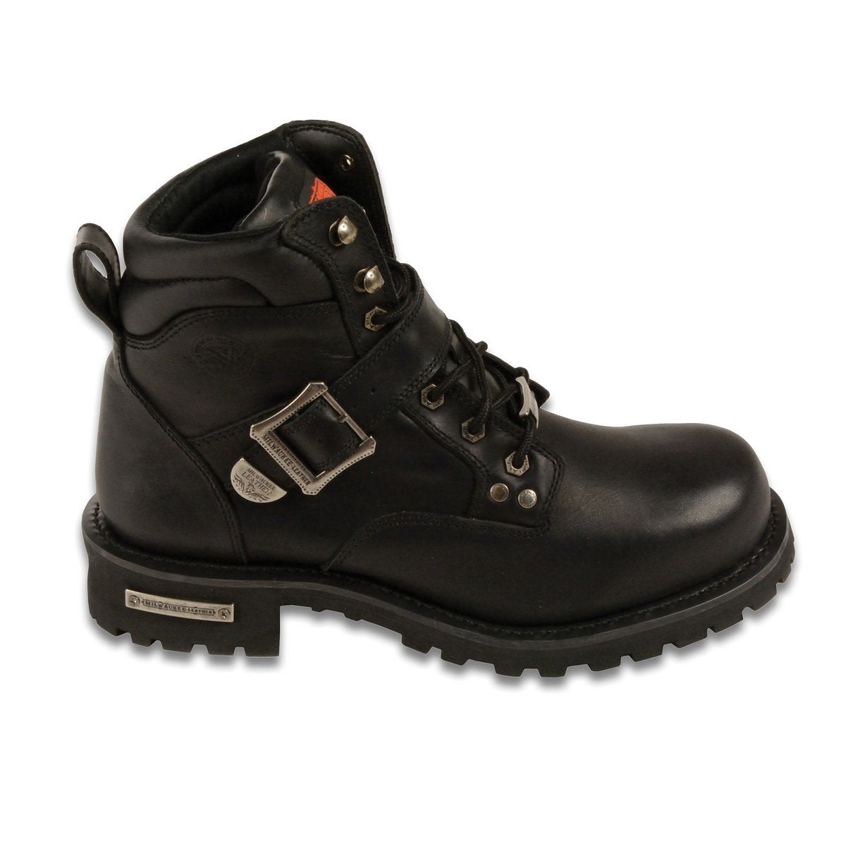 Men's Wide-Width Classic Black Leather Lace-Up 6-inch Engineer Boots with Side Buckle MBM9010W