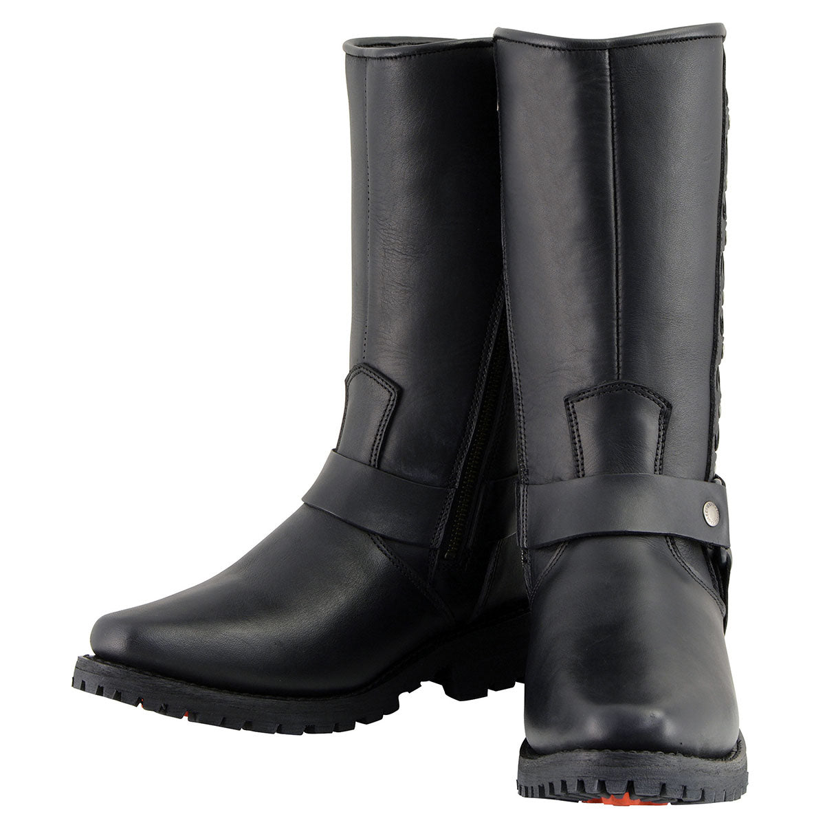 Men's Black Leather Harness Motorcycle Boots with Braid and Riveted Details MBM9025