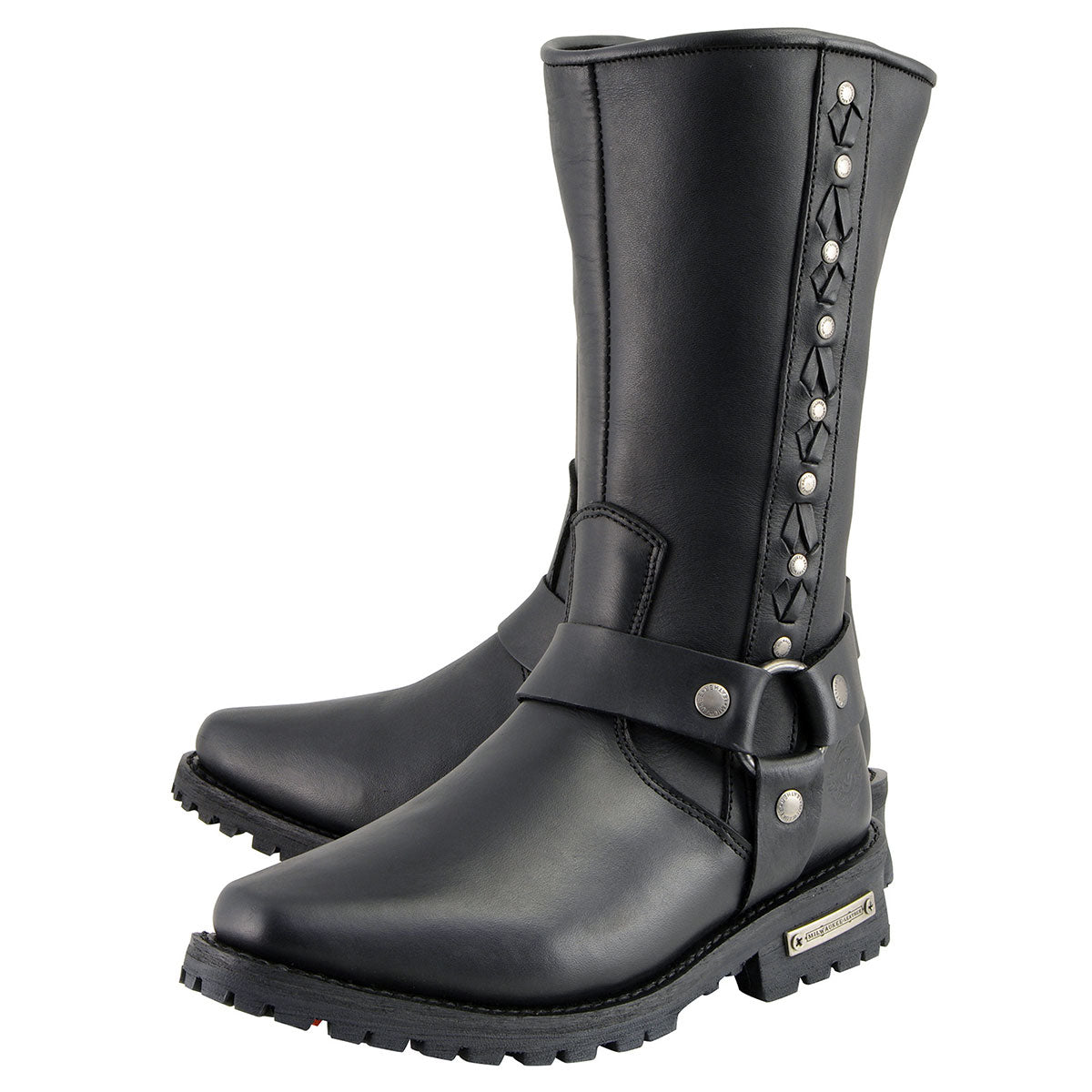 Men's Black Leather Harness Motorcycle Boots with Braid and Riveted Details MBM9025