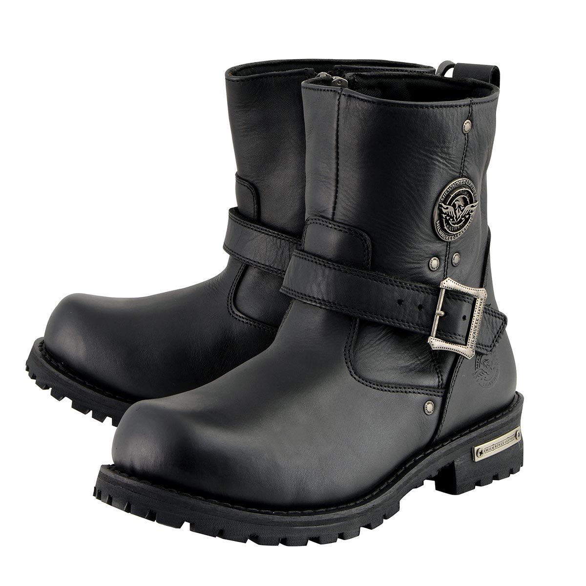 Men's Black Leather Wide Width 6-inch Classic Engineer Motorcycle Boots w/ Side Zipper MBM9040W