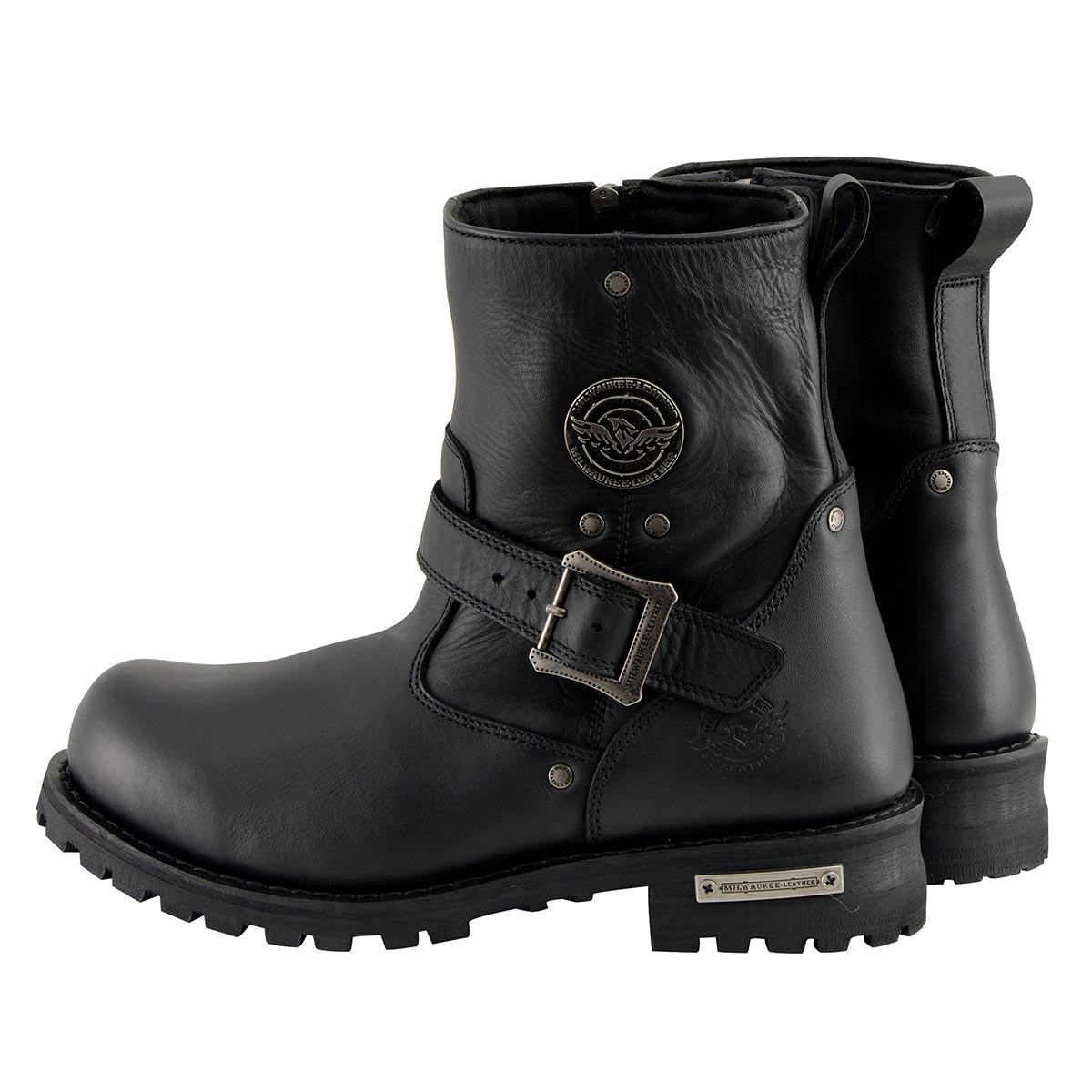 Men's Black Leather Wide Width 6-inch Classic Engineer Motorcycle Boots w/ Side Zipper MBM9040W