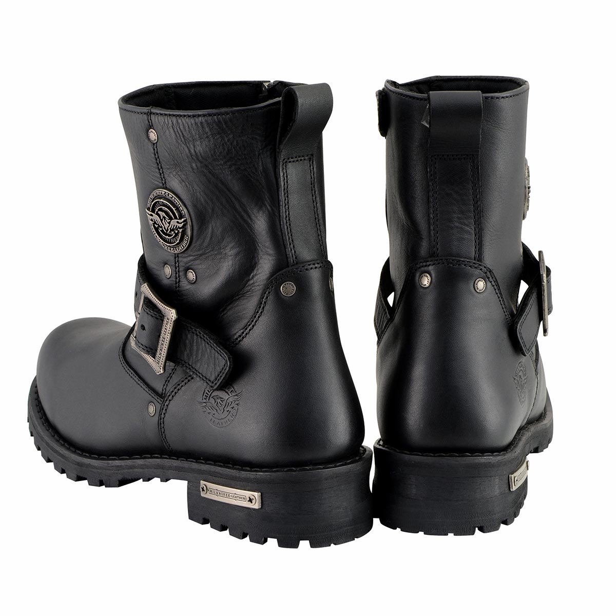 Men's Black Leather Wide Width 6-inch Classic Engineer Motorcycle Boots w/ Side Zipper MBM9040W