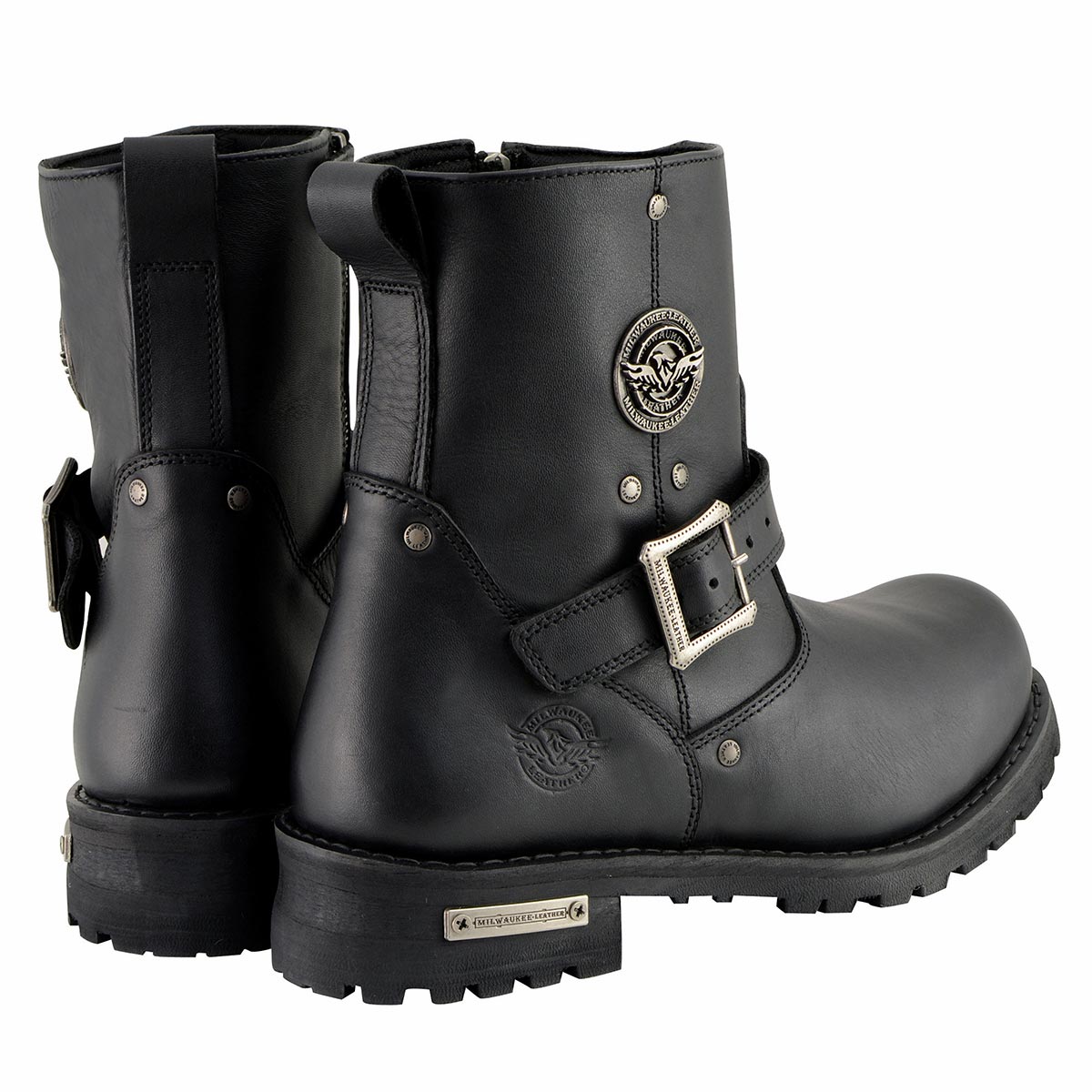 Men's Black Leather Wide Width 6-inch Classic Engineer Motorcycle Boots w/ Side Zipper MBM9040W
