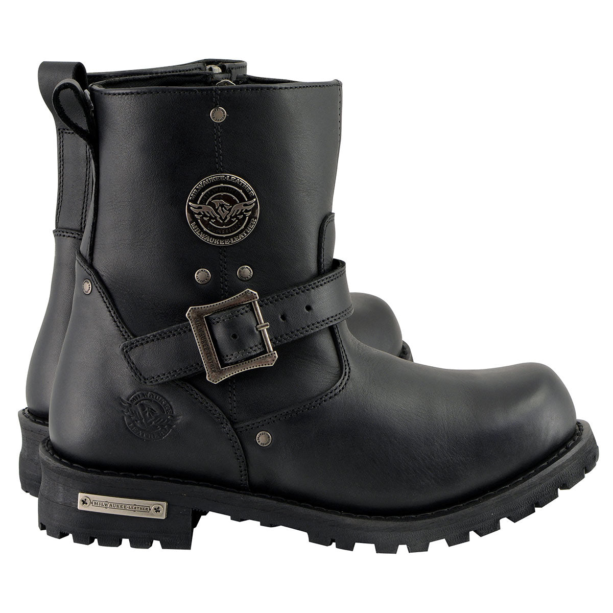 Men's Black Leather Wide Width 6-inch Classic Engineer Motorcycle Boots w/ Side Zipper MBM9040W