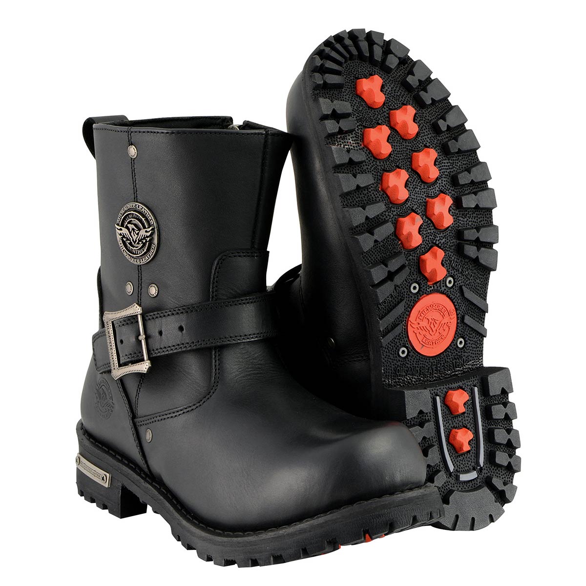 Men's Black Leather Wide Width 6-inch Classic Engineer Motorcycle Boots w/ Side Zipper MBM9040W