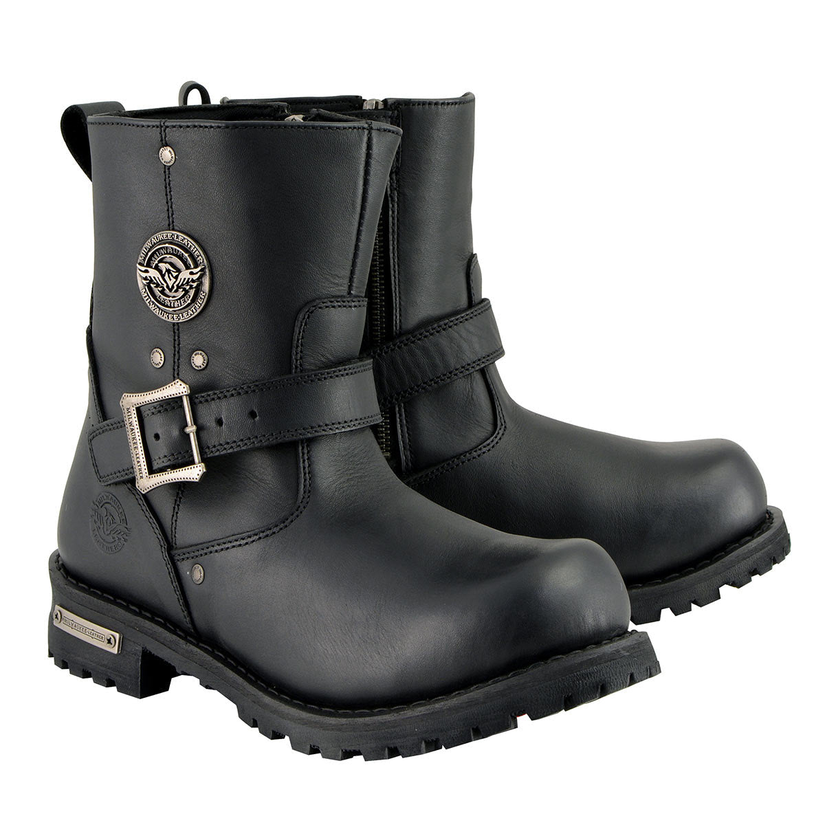 Men's Black Leather Wide Width 6-inch Classic Engineer Motorcycle Boots w/ Side Zipper MBM9040W