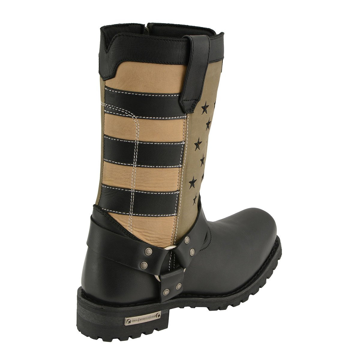 Men's Stars and Stripes Black with Tan Motorcycle Rider Harness Boots MBM9045