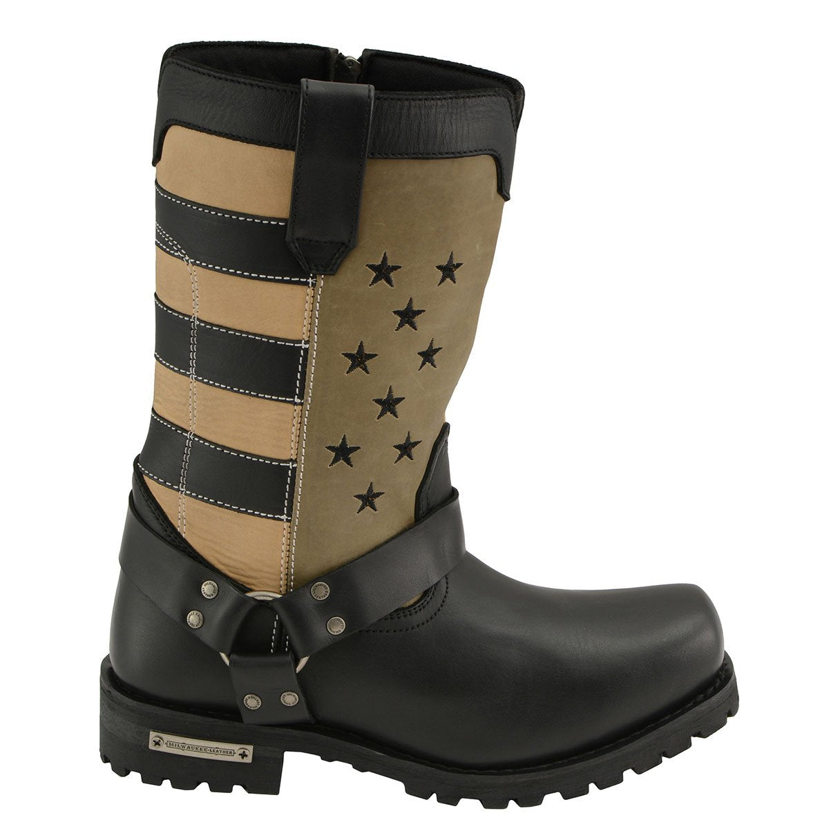 Men's Stars and Stripes Black with Tan Motorcycle Rider Harness Boots MBM9045