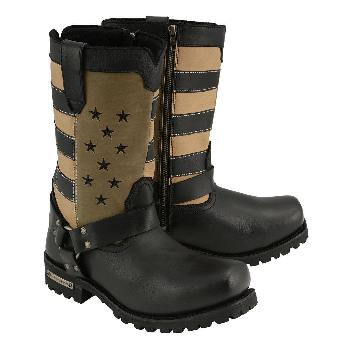 Men's Stars and Stripes Black with Tan Motorcycle Rider Harness Boots MBM9045