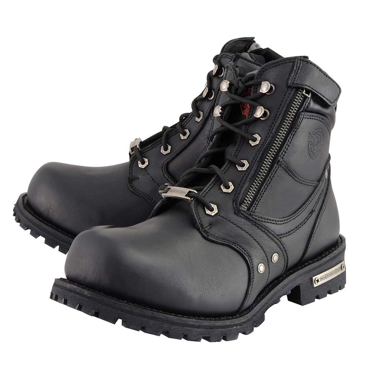 Men's Black Leather 6-inch Lace-Up Motorcycle Biker Rider Boots w/ Zipper Closure MBM9050