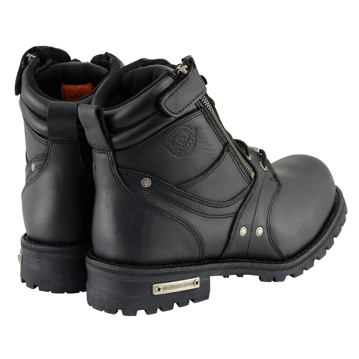 Men's Black Leather 6-inch Lace-Up Motorcycle Biker Rider Boots w/ Zipper Closure MBM9050