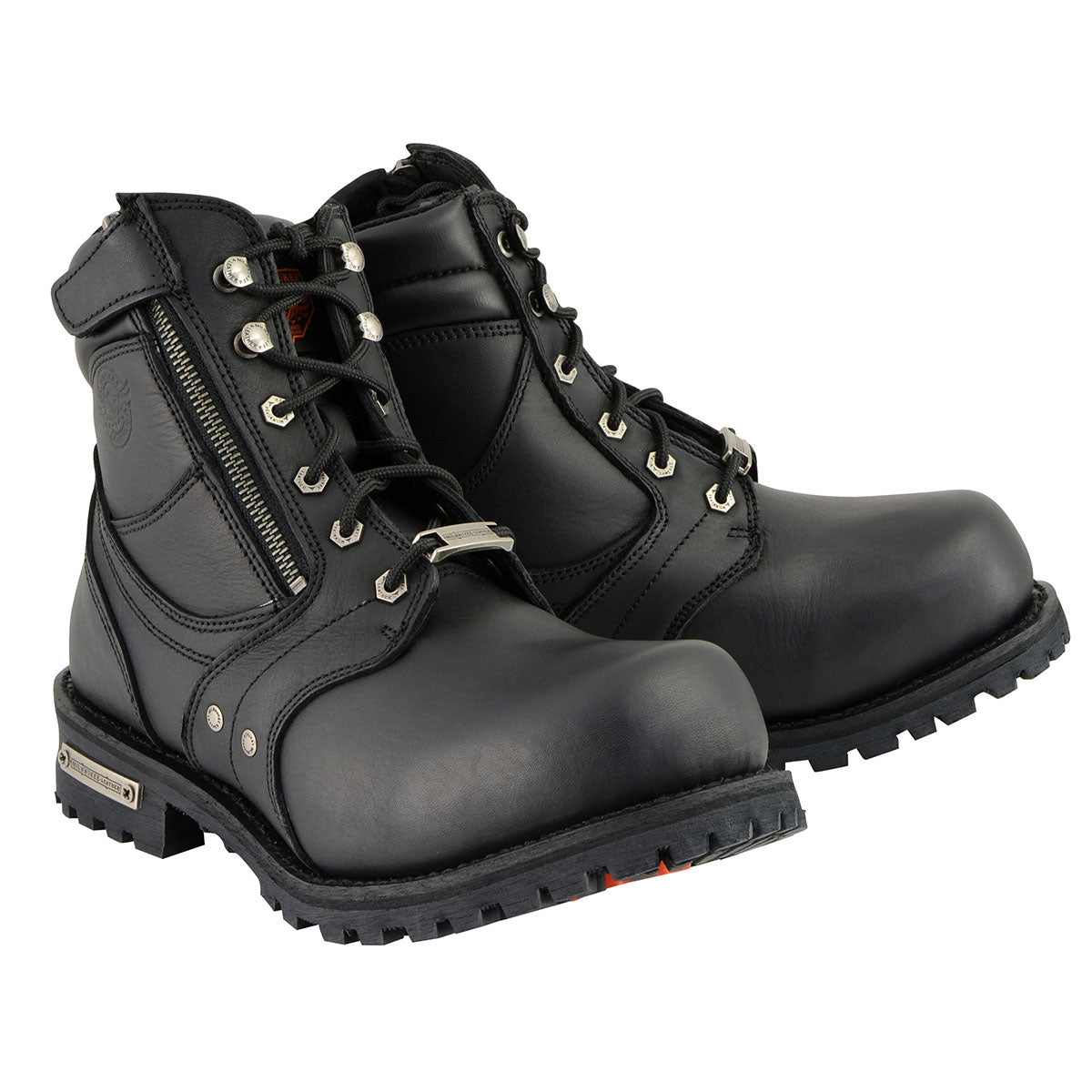 Men's Black Leather 6-inch Lace-Up Motorcycle Biker Rider Boots w/ Zipper Closure MBM9050