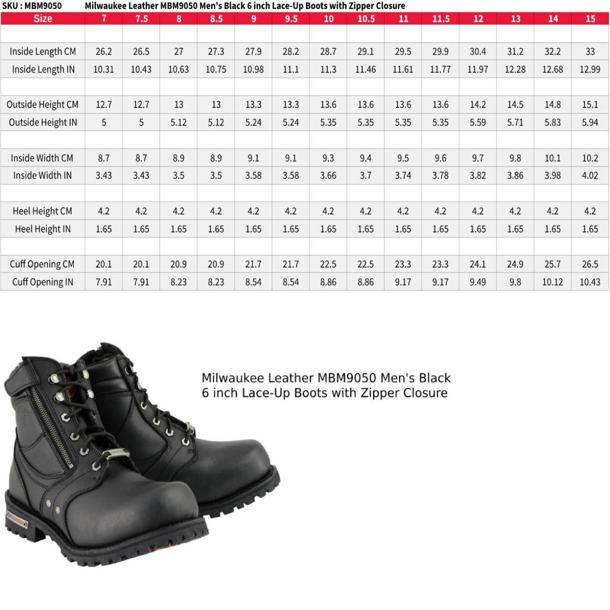 Men's Black Leather 6-inch Lace-Up Motorcycle Biker Rider Boots w/ Zipper Closure MBM9050