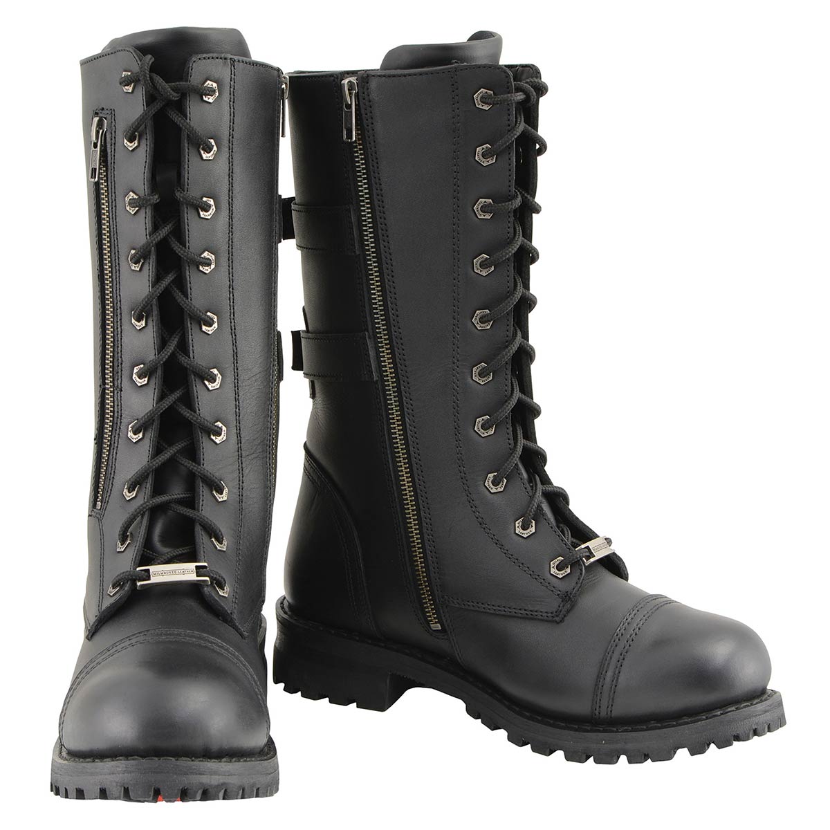 Men’s 13-Inch-Tall Tactical Black Lace-Up Leather Boots Zipper w/ Storage Pocket MBM9069