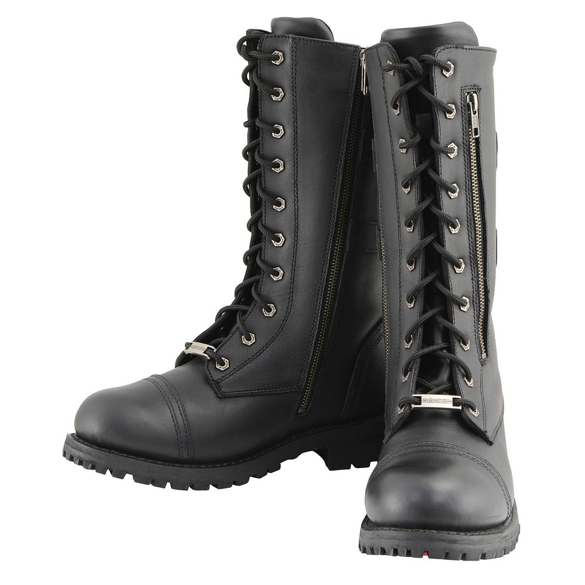 Men’s 13-Inch-Tall Tactical Black Lace-Up Leather Boots Zipper w/ Storage Pocket MBM9069