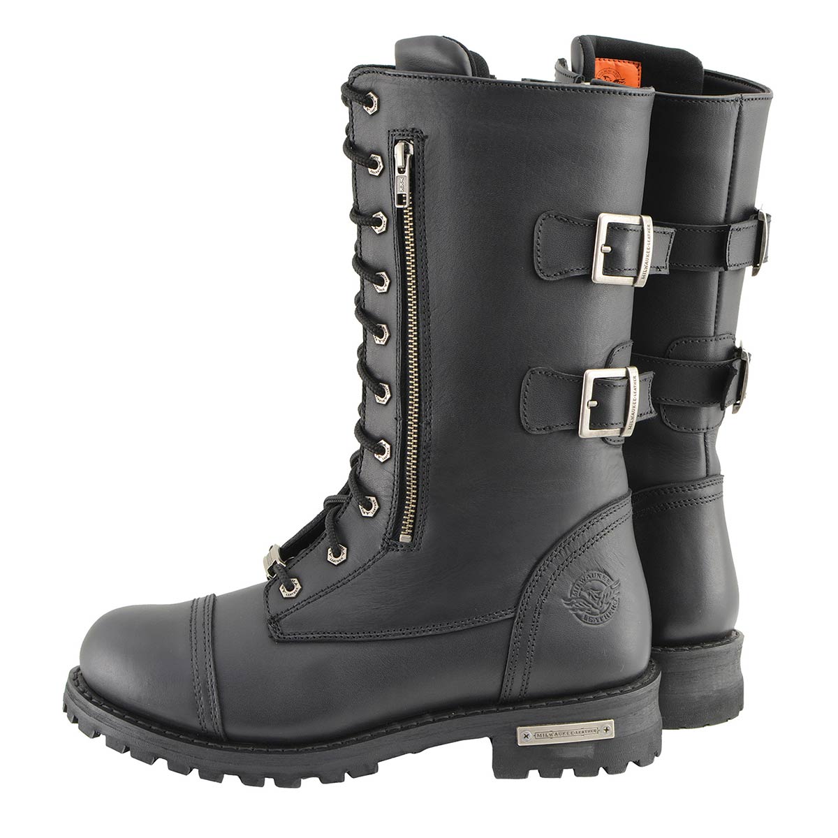 Men’s 13-Inch-Tall Tactical Black Lace-Up Leather Boots Zipper w/ Storage Pocket MBM9069
