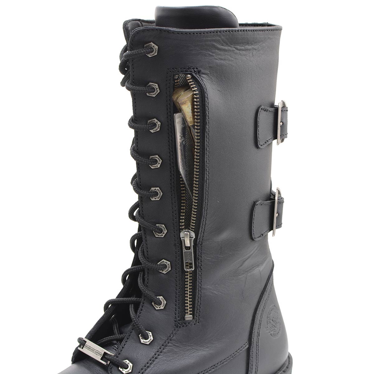 Men’s 13-Inch-Tall Tactical Black Lace-Up Leather Boots Zipper w/ Storage Pocket MBM9069