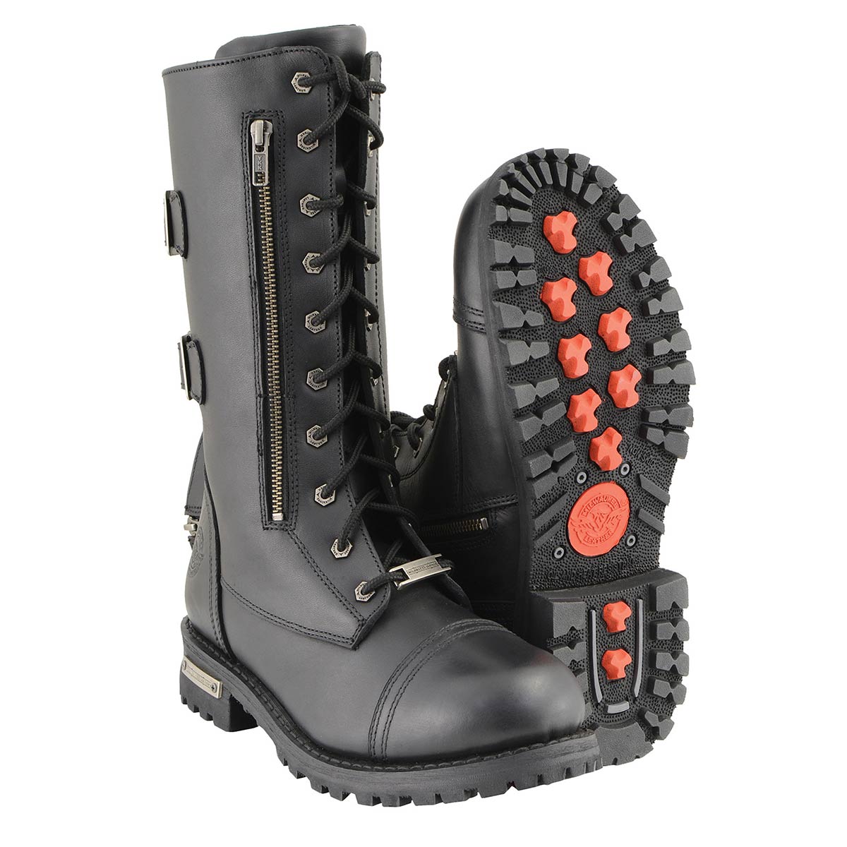 Men’s 13-Inch-Tall Tactical Black Lace-Up Leather Boots Zipper w/ Storage Pocket MBM9069
