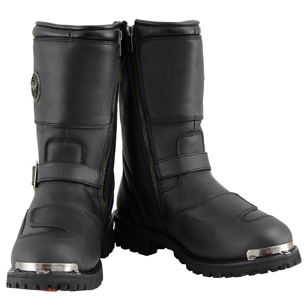 Men's Black Leather Classic Engineer Motorcycle Boots w/ Reflective Piping & Gear Shift Protection MBM9070