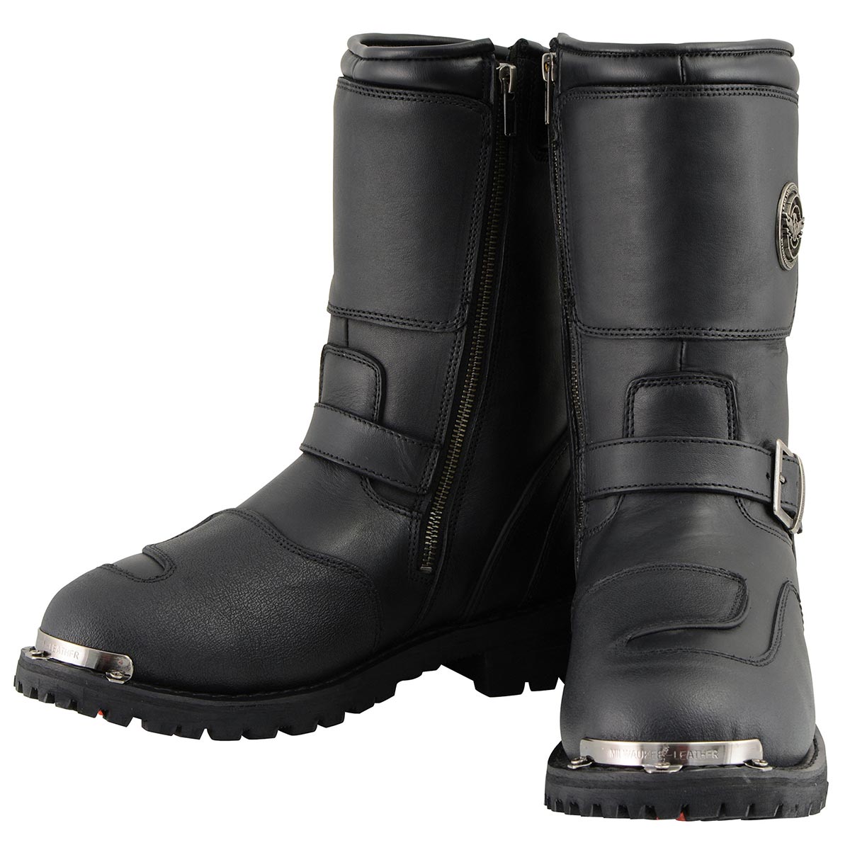 Men's Black Leather Classic Engineer Motorcycle Boots w/ Reflective Piping & Gear Shift Protection MBM9070