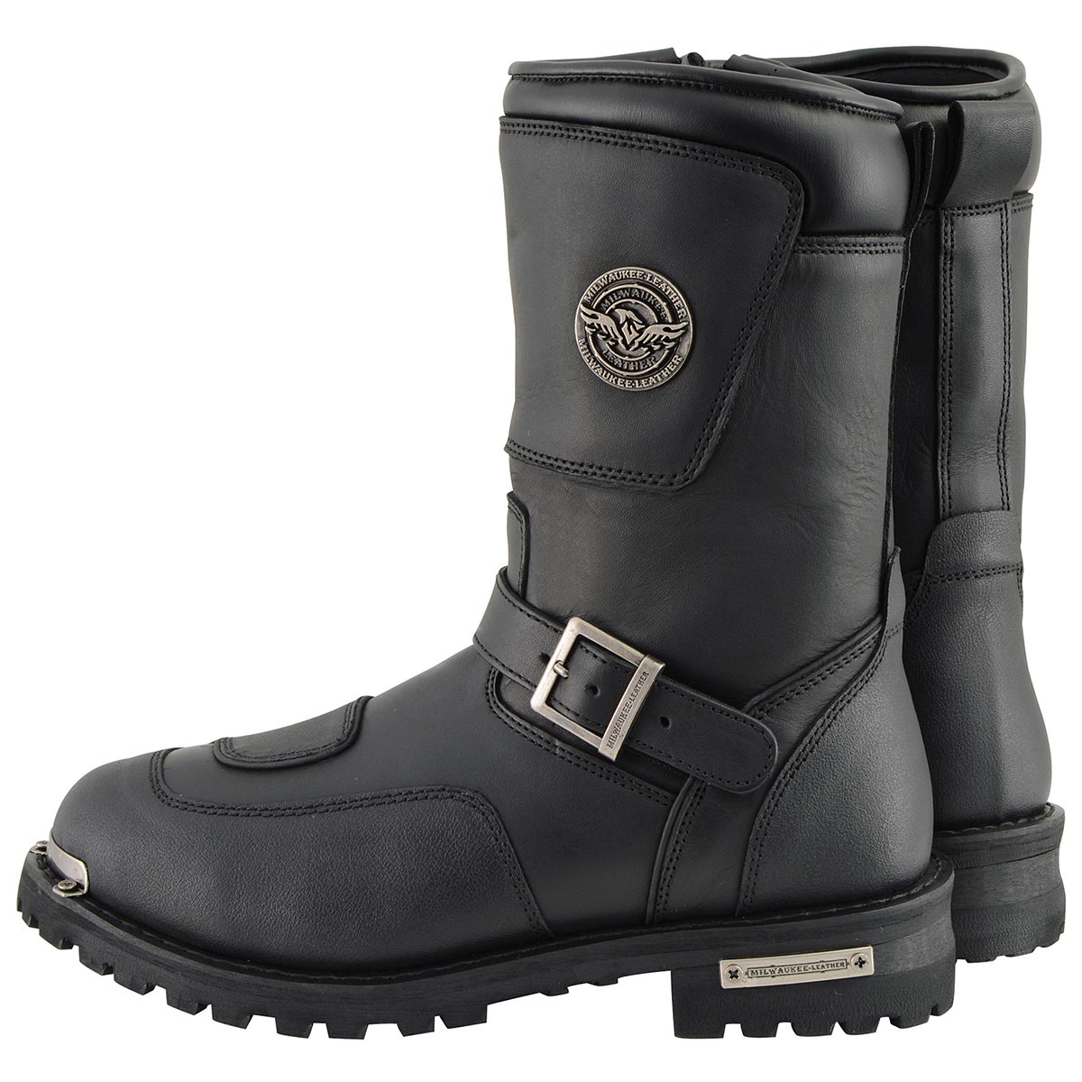 Men's Black Leather Classic Engineer Motorcycle Boots w/ Reflective Piping & Gear Shift Protection MBM9070