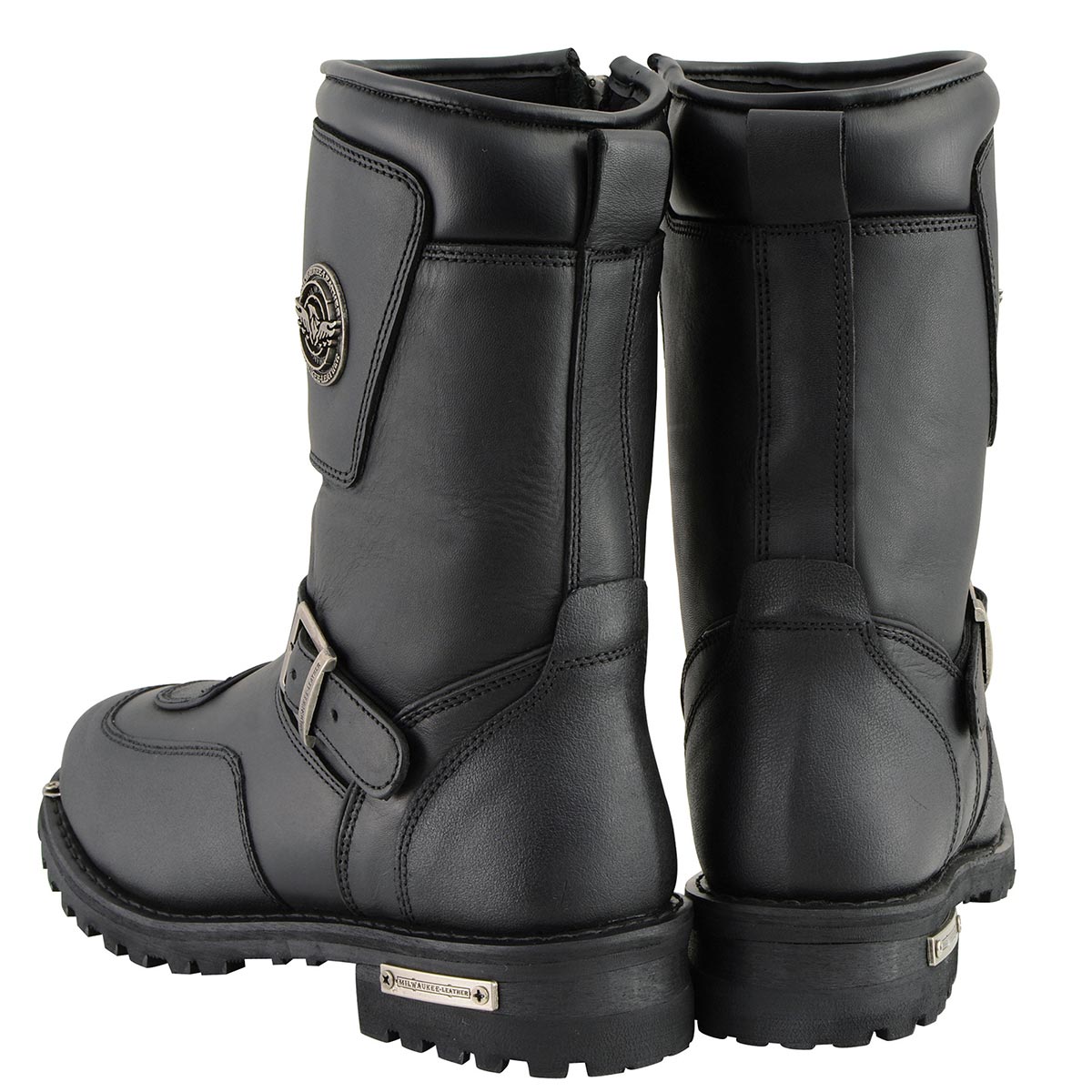 Men's Black Leather Classic Engineer Motorcycle Boots w/ Reflective Piping & Gear Shift Protection MBM9070