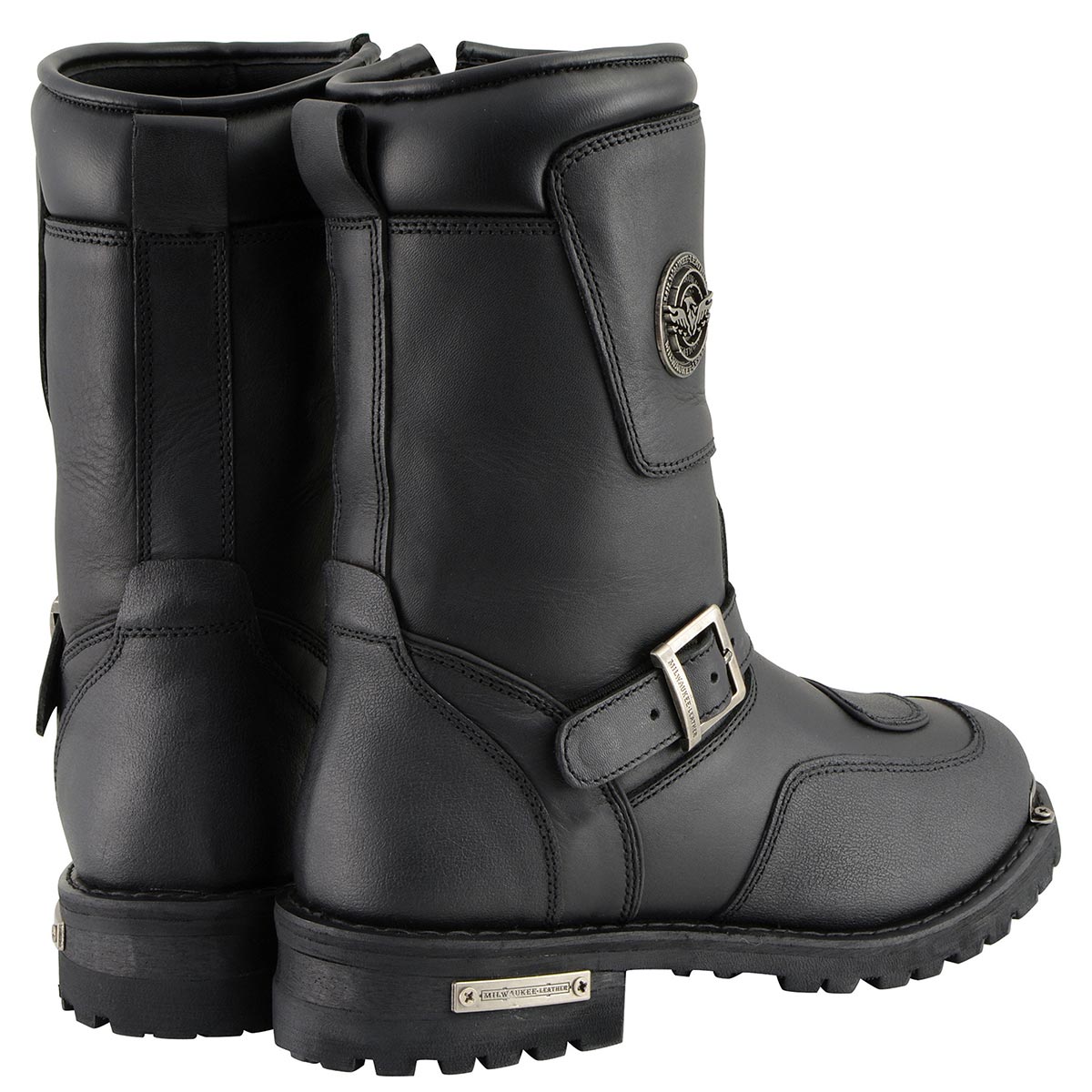 Men's Black Leather Classic Engineer Motorcycle Boots w/ Reflective Piping & Gear Shift Protection MBM9070