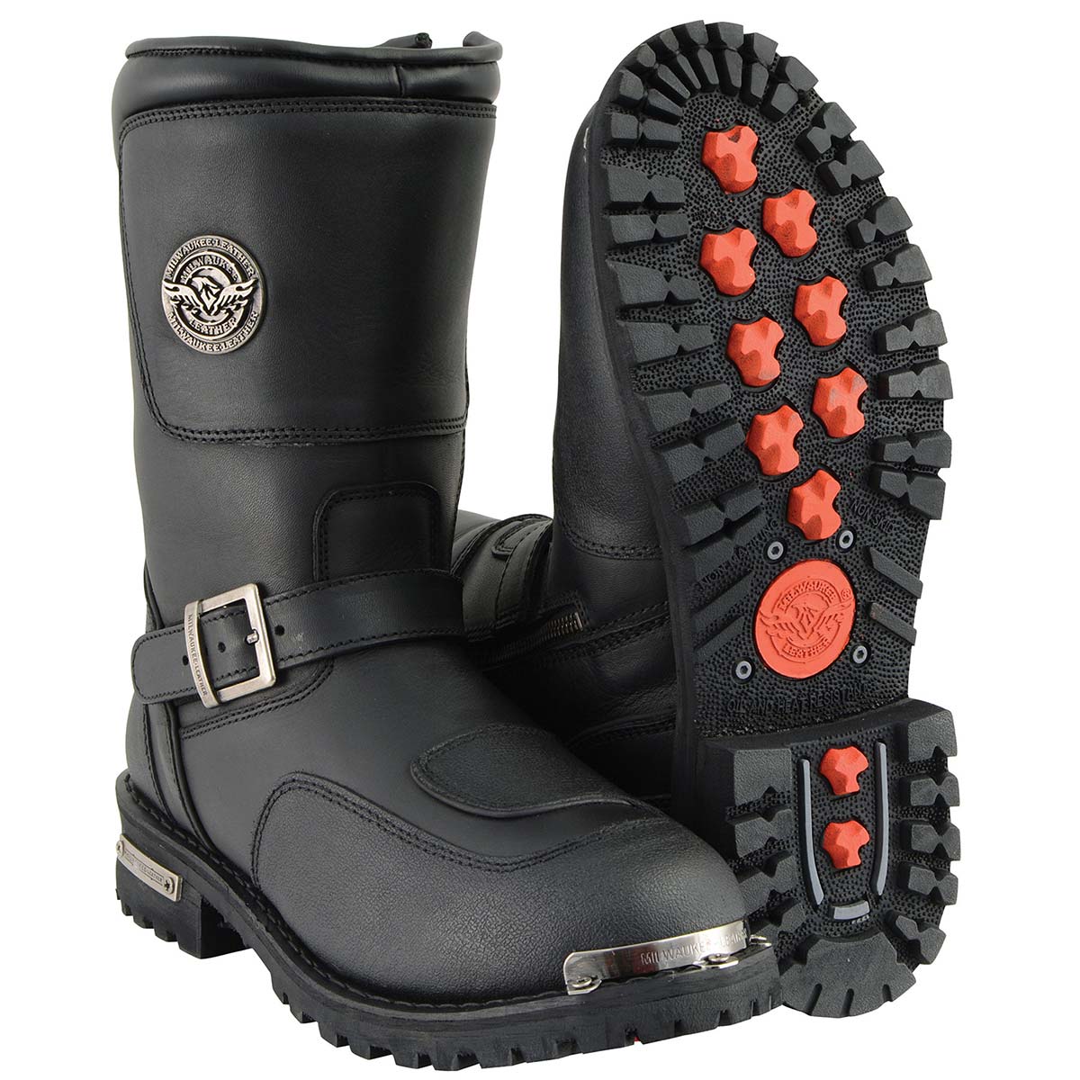 Men's Black Leather Classic Engineer Motorcycle Boots w/ Reflective Piping & Gear Shift Protection MBM9070