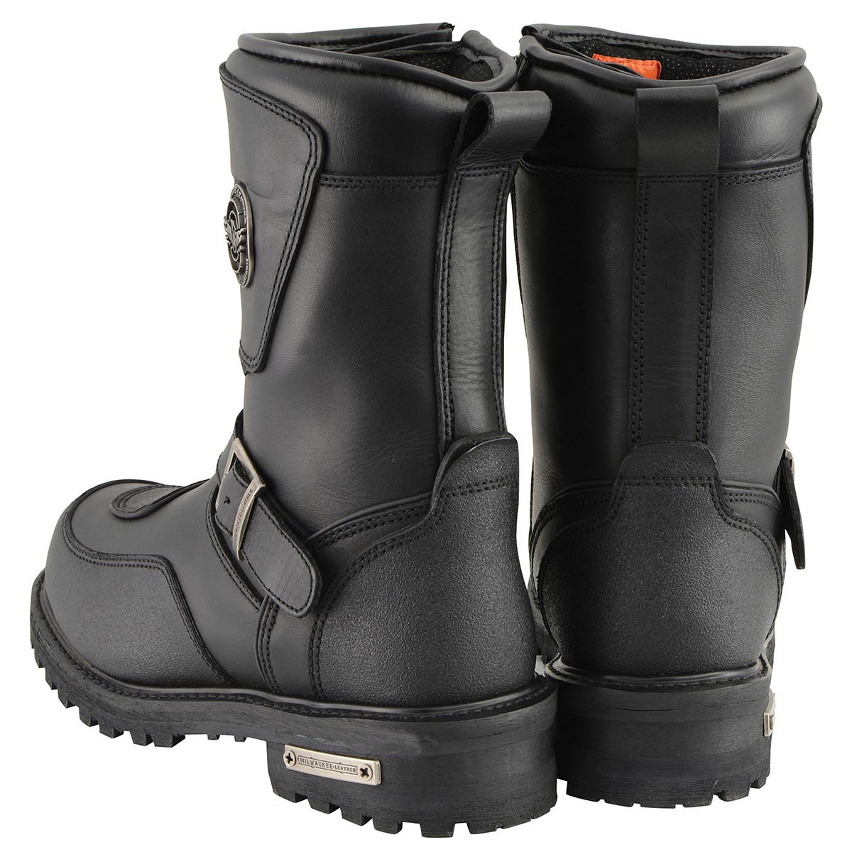 Men's Black Wide Width 9-inch Waterproof Engineer Leather Biker Boots with Reflective Piping MBM9071WP