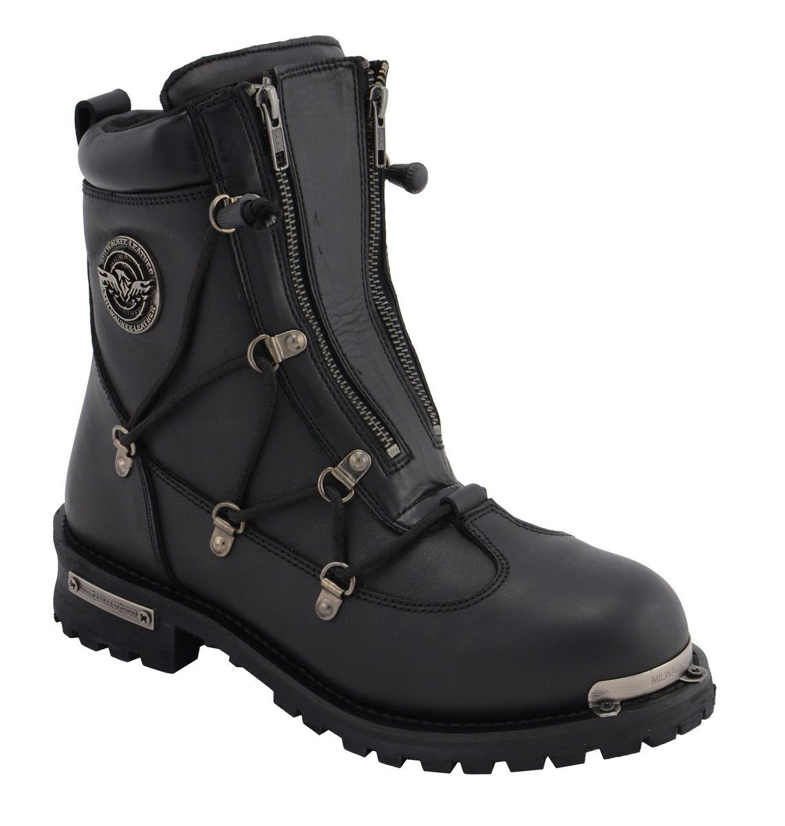 MBM9075 Men's Black Leather 6-inch Plain Toe Dual Zipper Motorcycle Rider Boots