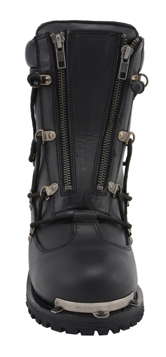 MBM9075 Men's Black Leather 6-inch Plain Toe Dual Zipper Motorcycle Rider Boots