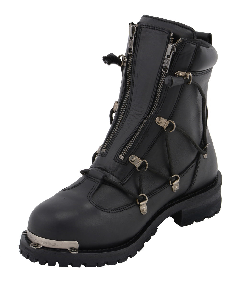MBM9075 Men's Black Leather 6-inch Plain Toe Dual Zipper Motorcycle Rider Boots