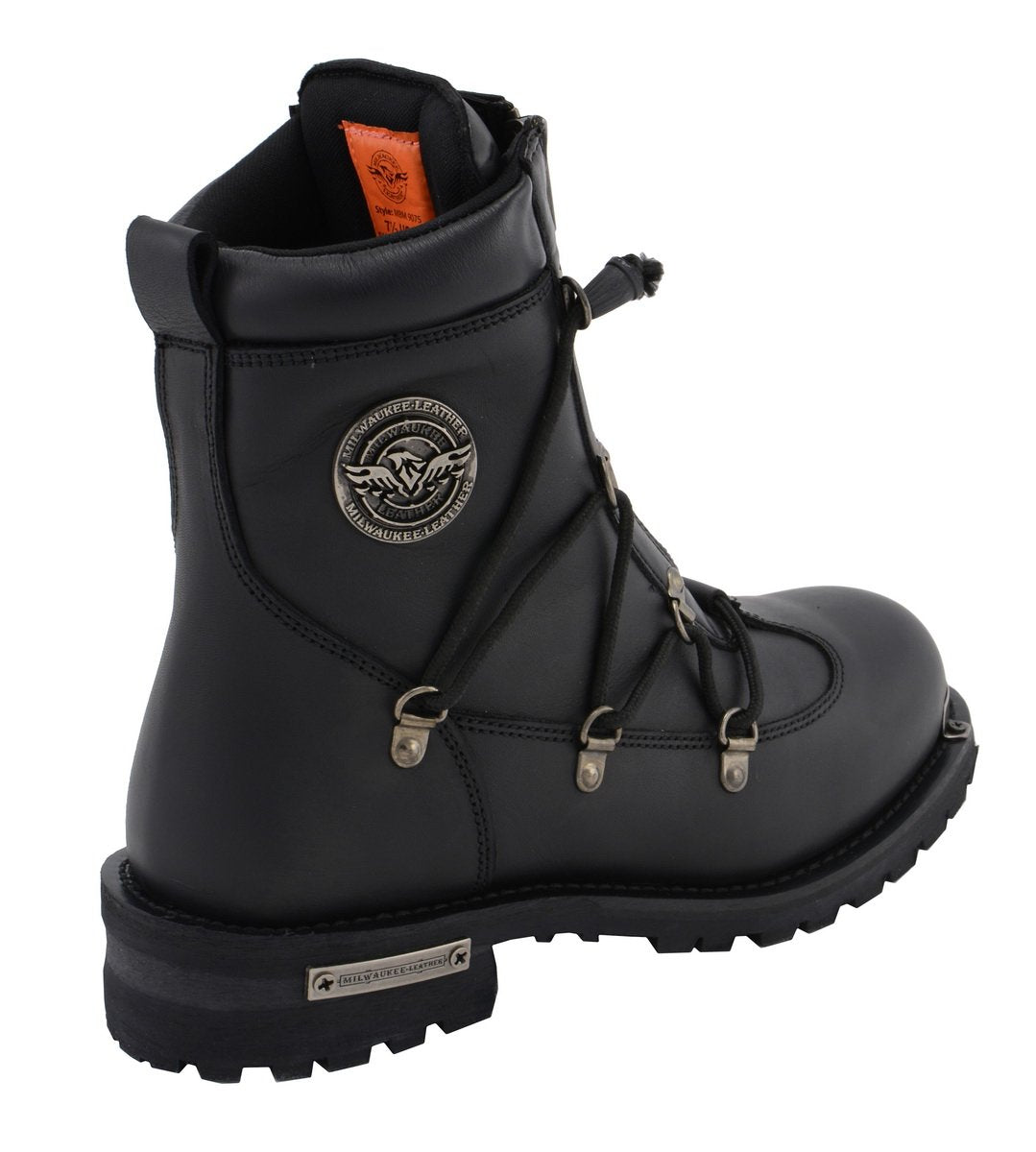 MBM9075 Men's Black Leather 6-inch Plain Toe Dual Zipper Motorcycle Rider Boots