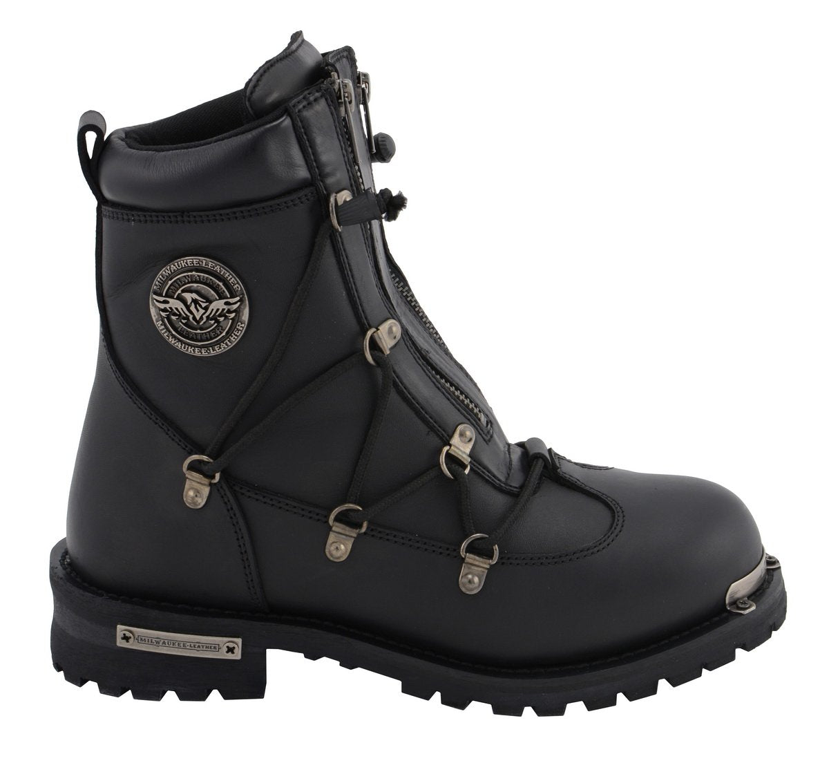 MBM9075 Men's Black Leather 6-inch Plain Toe Dual Zipper Motorcycle Rider Boots