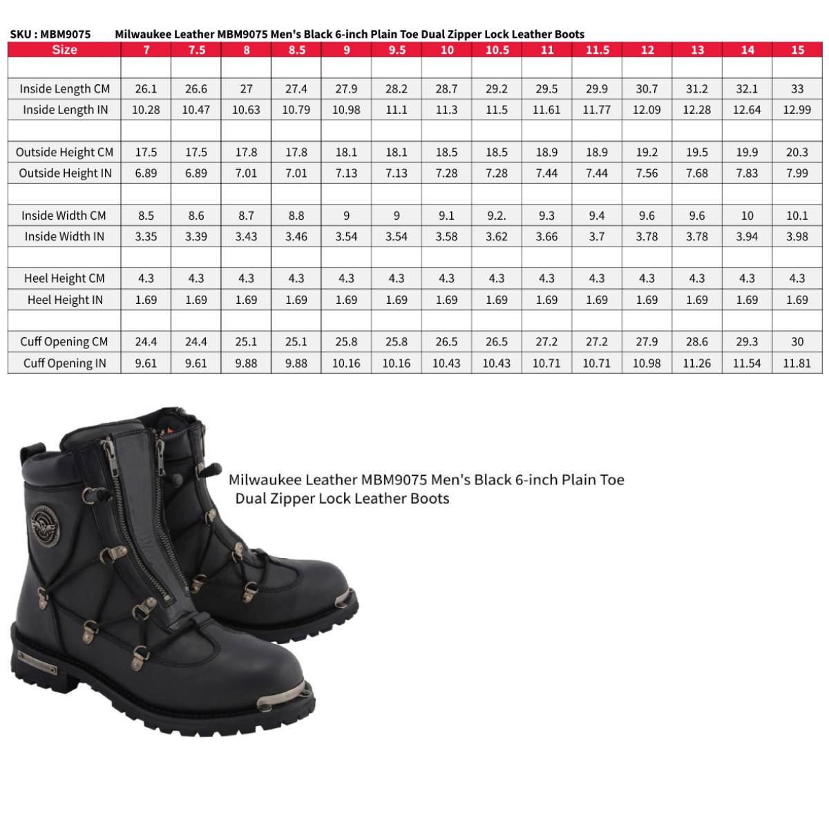 MBM9075 Men's Black Leather 6-inch Plain Toe Dual Zipper Motorcycle Rider Boots