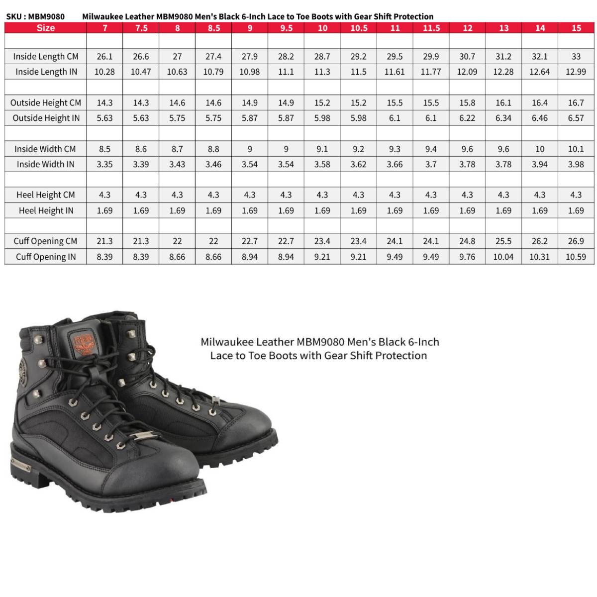 MBM9080 Men's Black Leather 6-Inch Lace to Toe Motorcycle Rider Boots w/ Gear Shift Protection