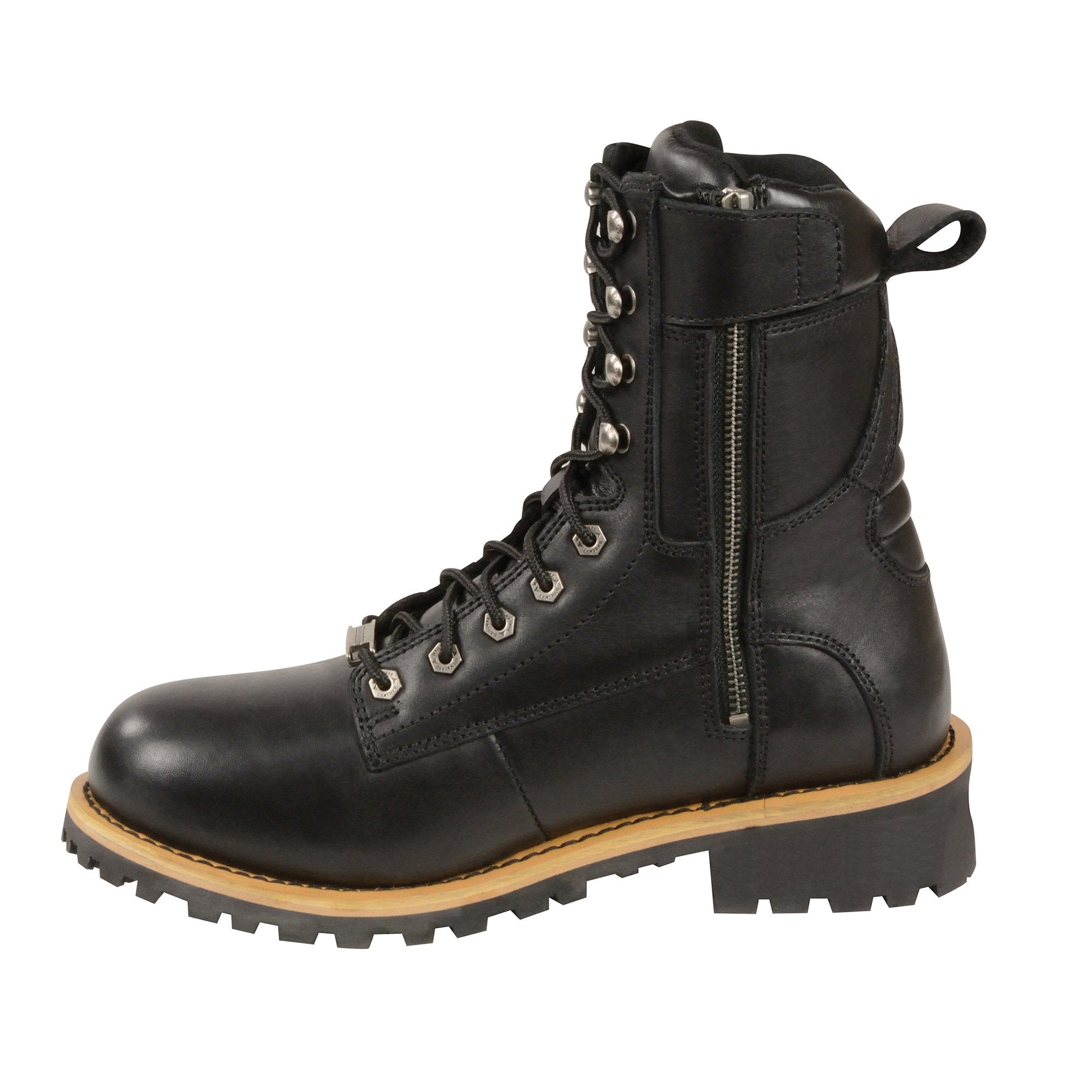 Men's Classic Black Leather Wide Width Lace-Up Logger Boots w/ Side Zipper MBM9095W