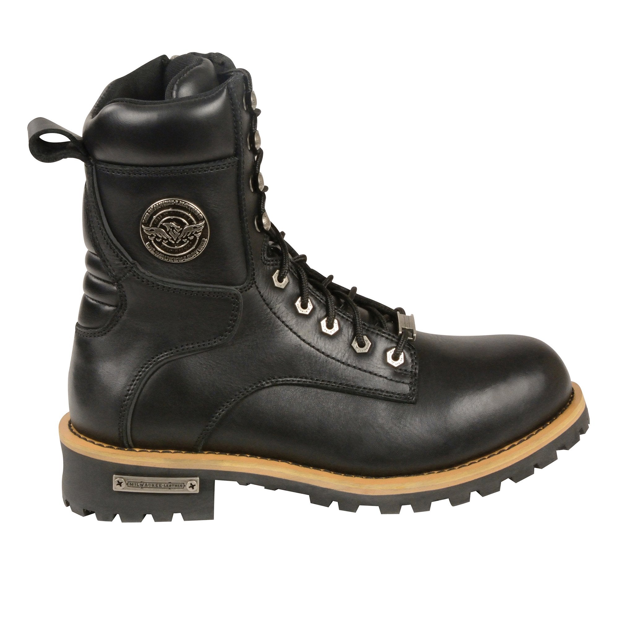 Men's Classic Black Leather Wide Width Lace-Up Logger Boots w/ Side Zipper MBM9095W