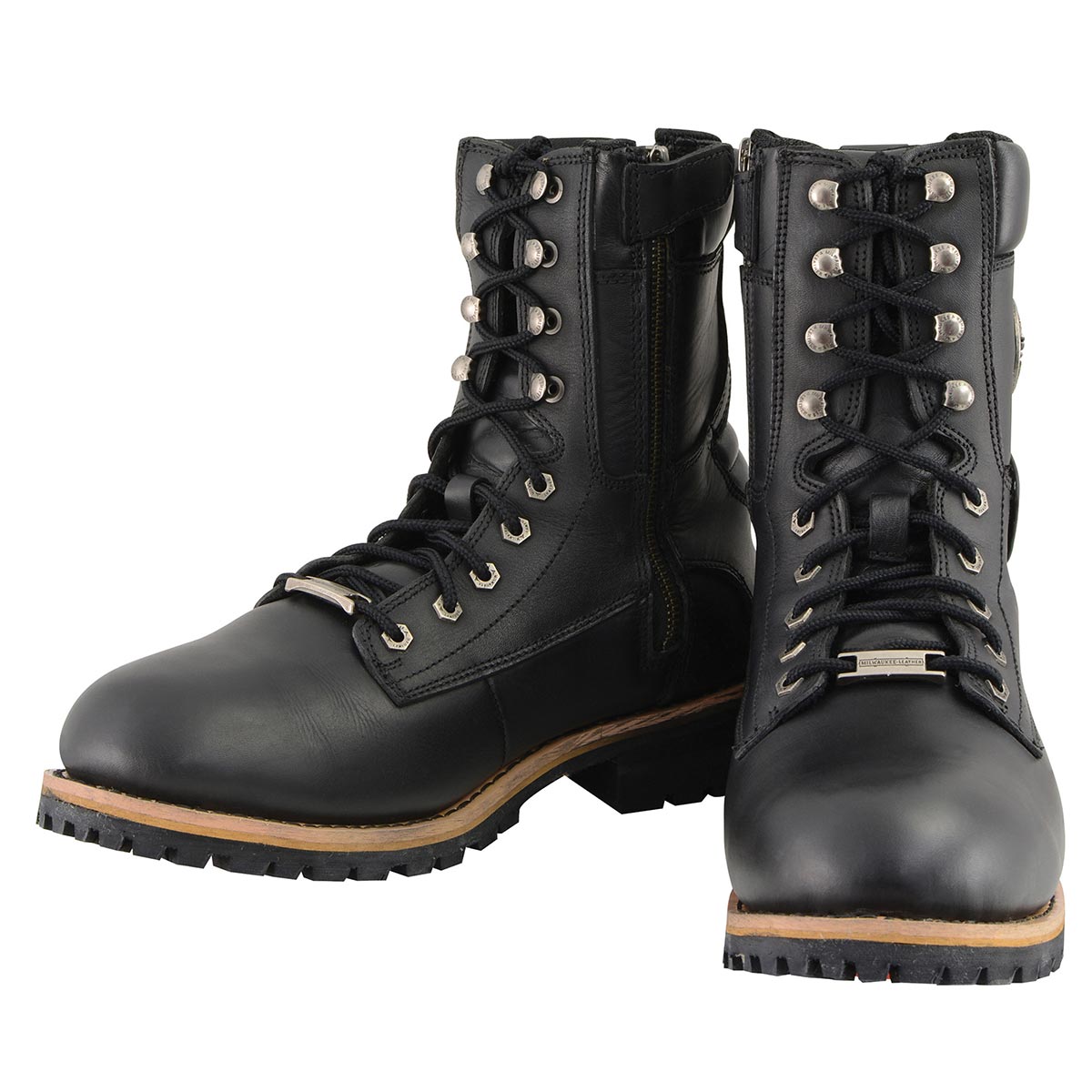 Men's Classic Black Leather Lace-Up Logger Boots w/ Side Zipper MBM9095