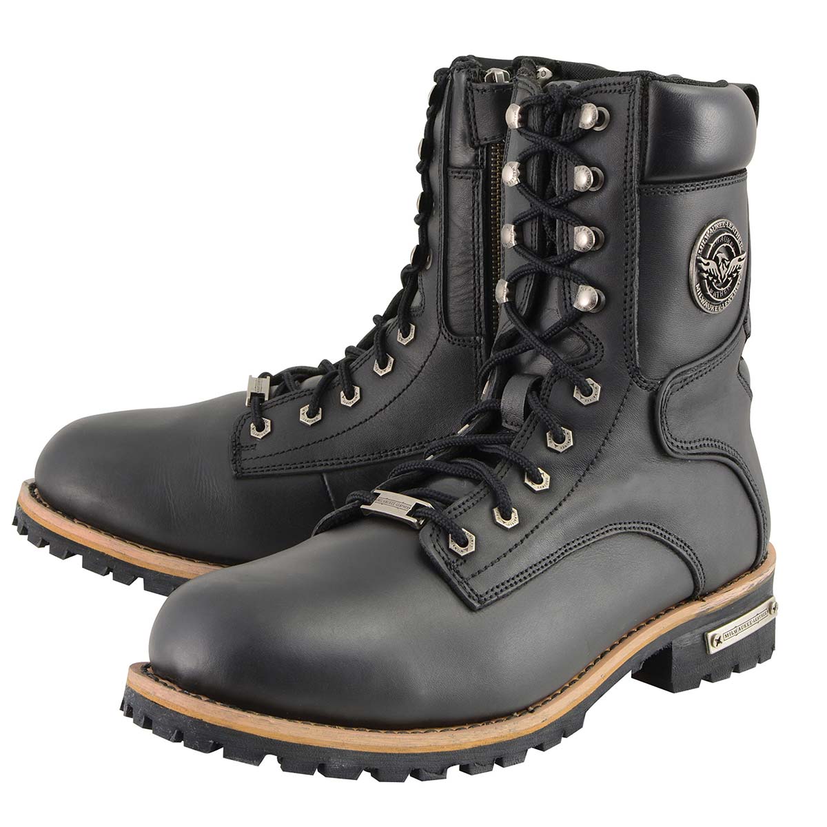 Men's Classic Black Leather Wide Width Lace-Up Logger Boots w/ Side Zipper MBM9095W