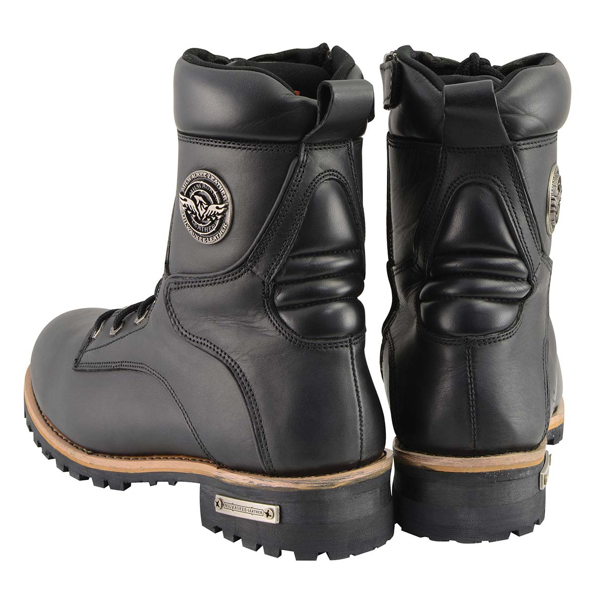 Men's Classic Black Leather Lace-Up Logger Boots w/ Side Zipper MBM9095