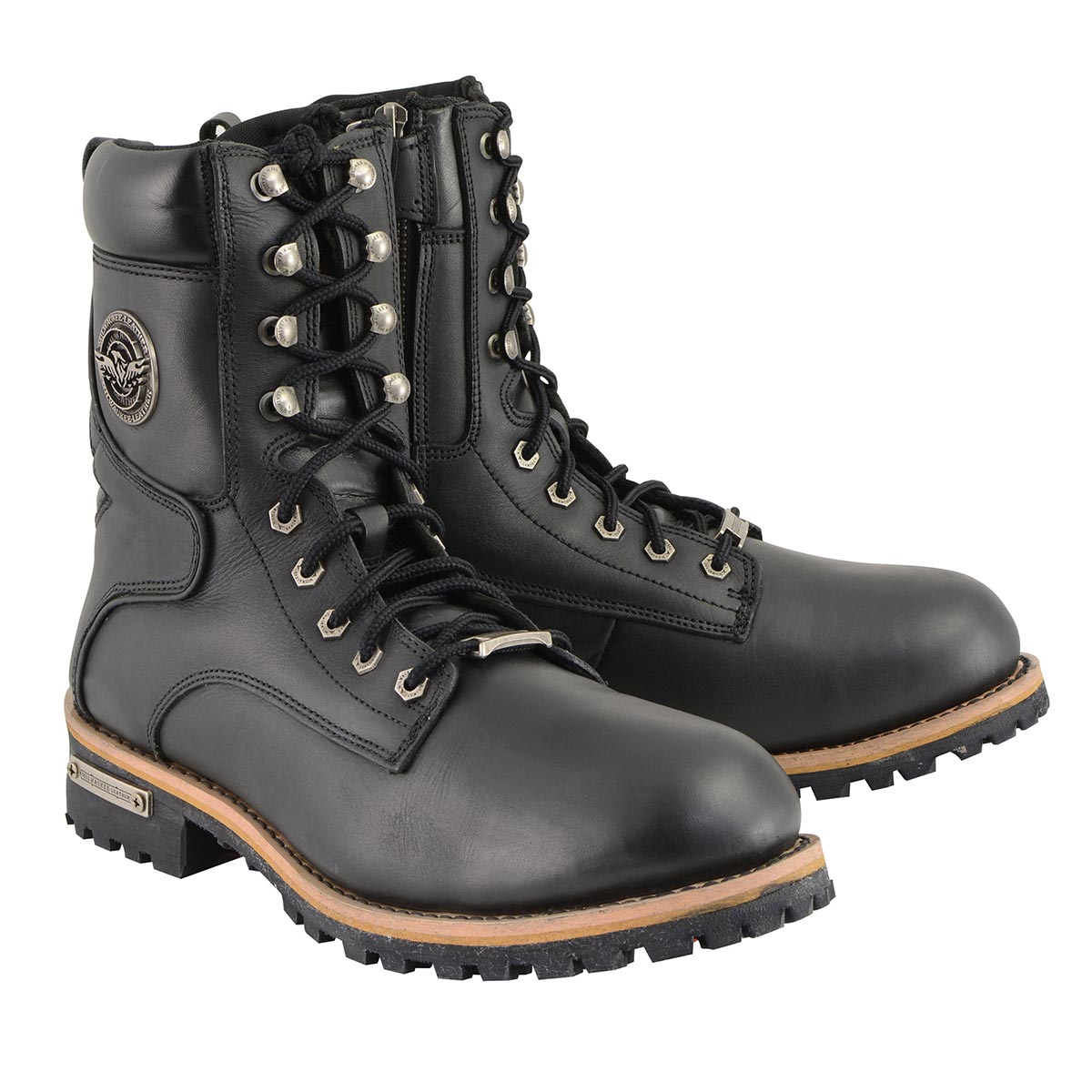 Men's Classic Black Leather Wide Width Lace-Up Logger Boots w/ Side Zipper MBM9095W