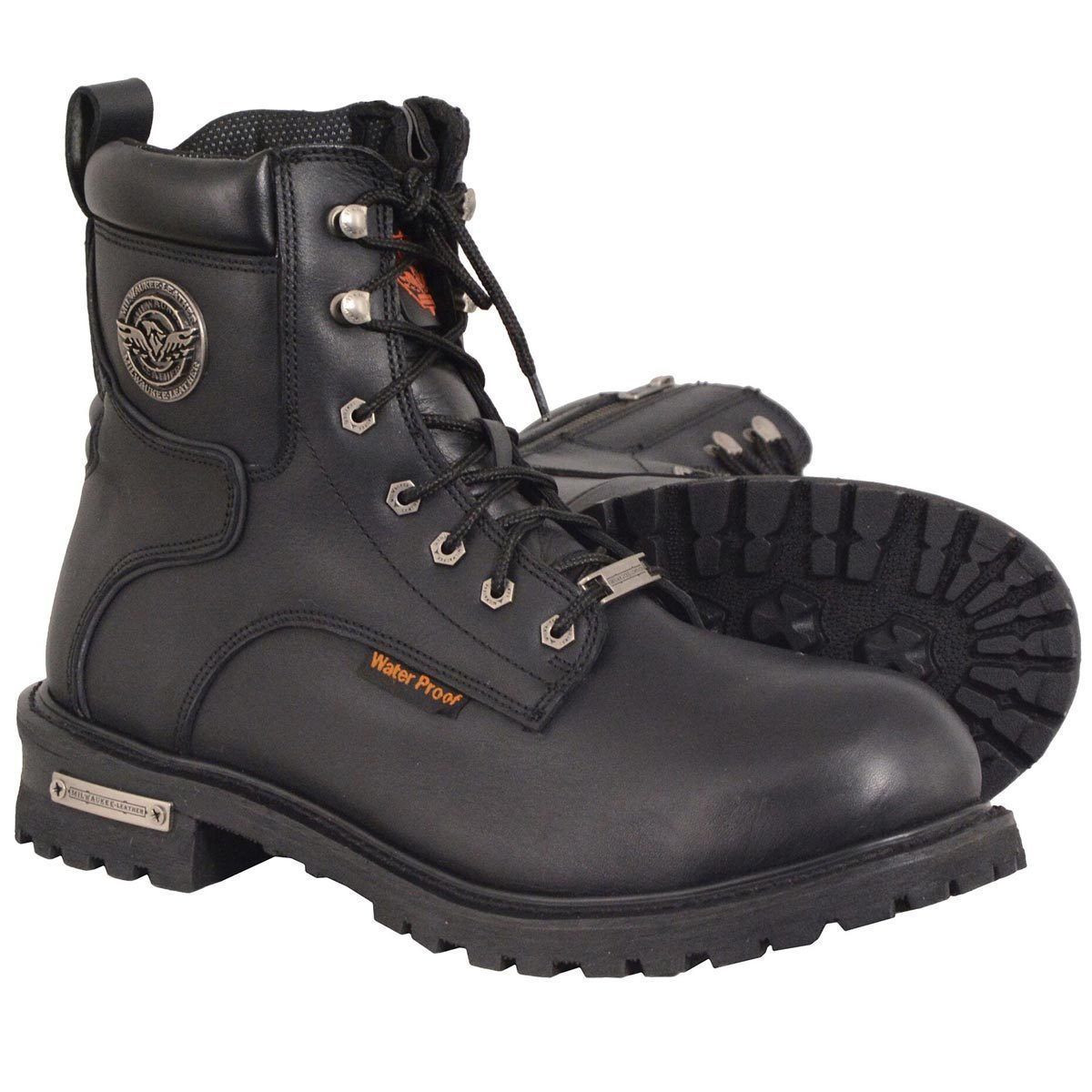 Men's Black Leather Wide Width 6-Inch Lace-Up Logger Waterproof Motorcycle Boots MBM9096WP