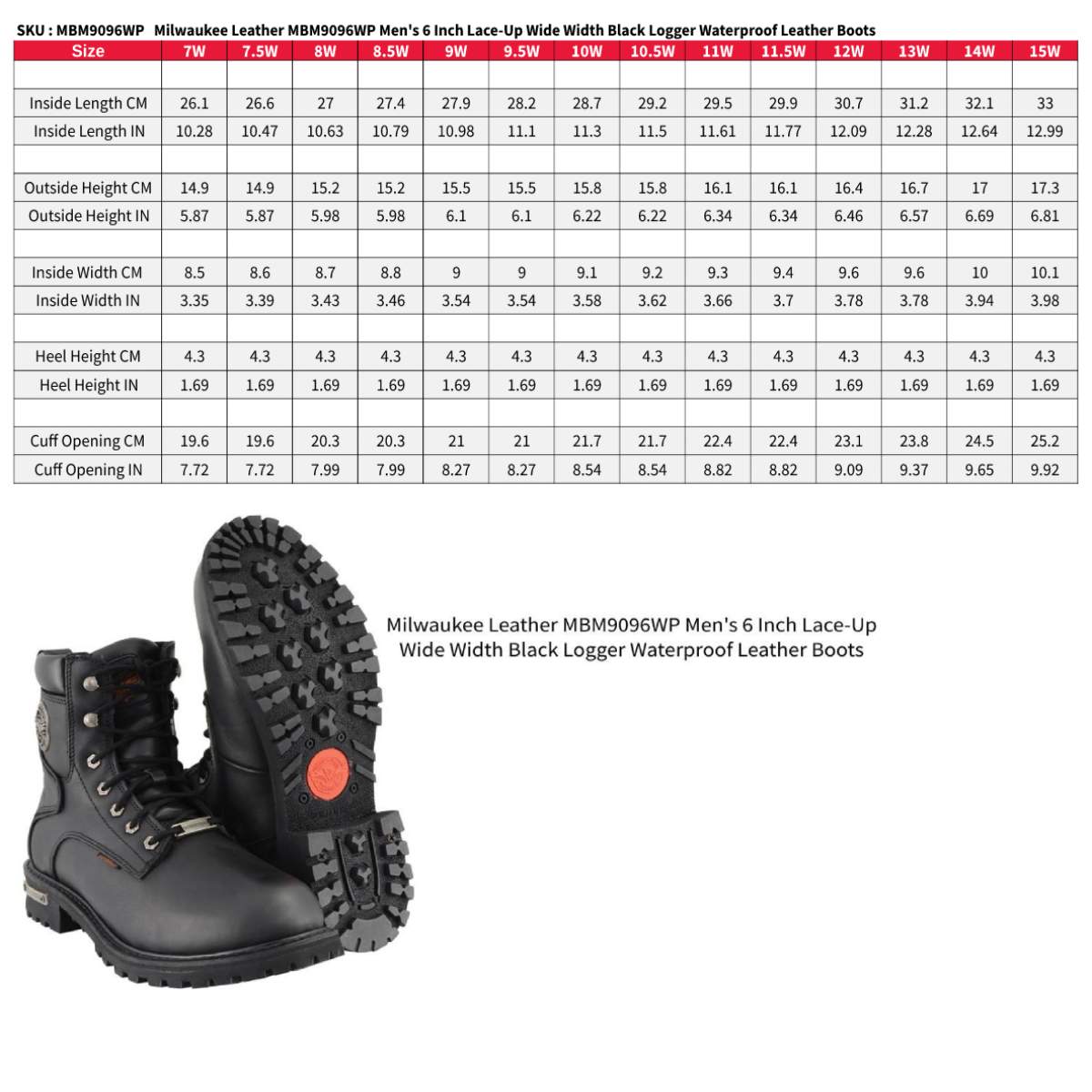 Men's Black Leather Wide Width 6-Inch Lace-Up Logger Waterproof Motorcycle Boots MBM9096WP