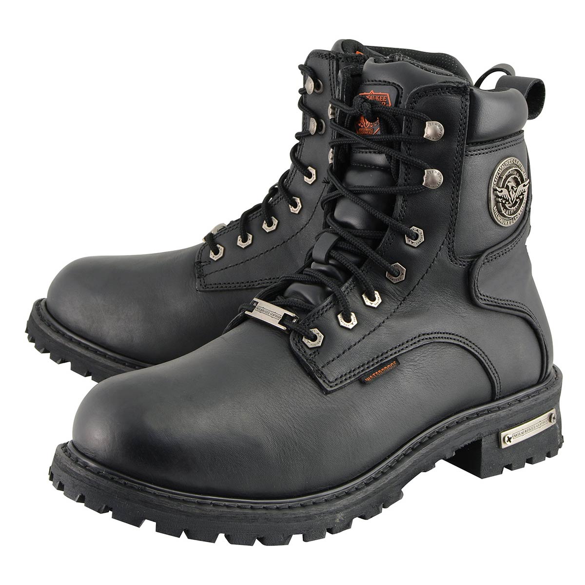 Men's Black Leather Wide Width 6-Inch Lace-Up Logger Waterproof Motorcycle Boots MBM9096WP