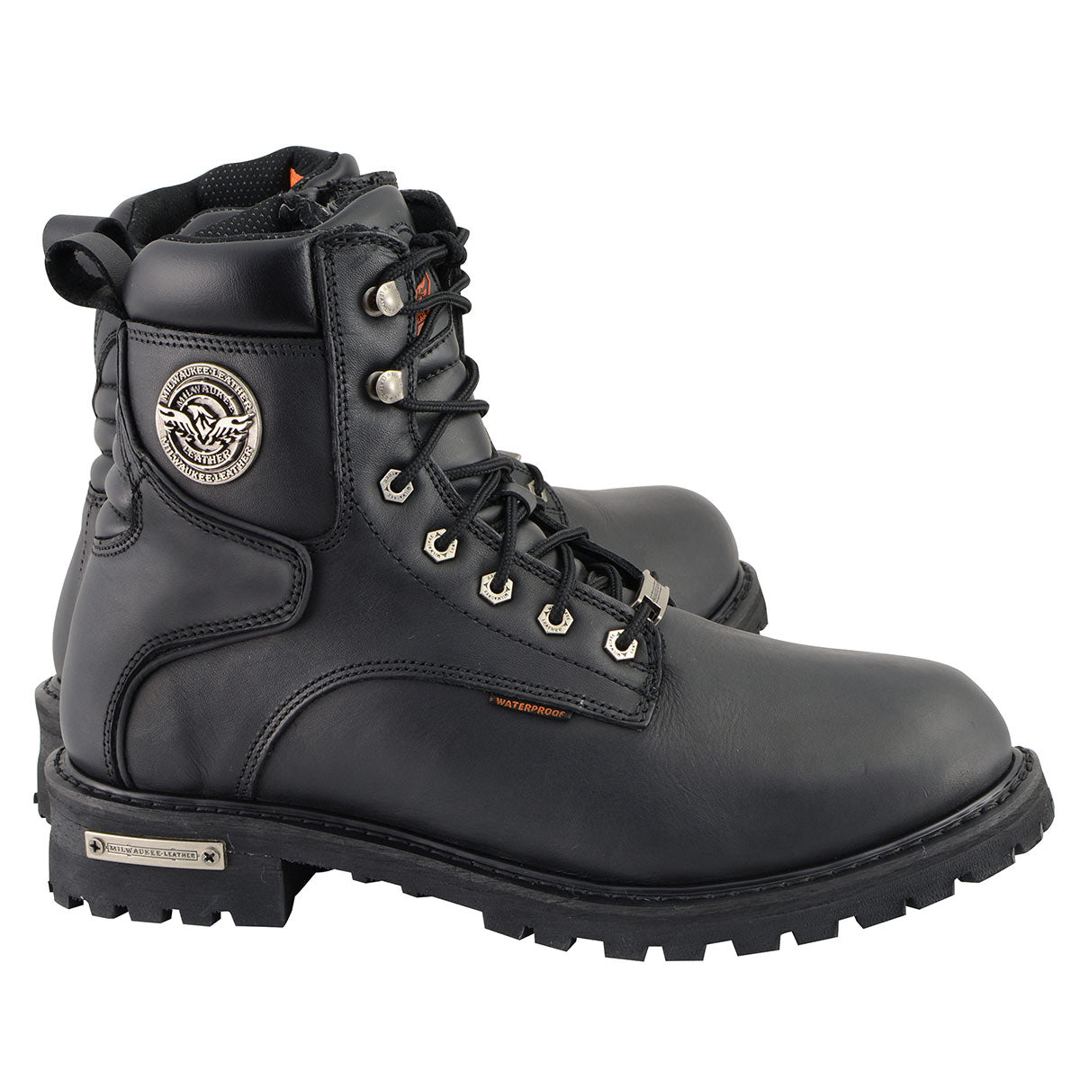 Men's Black Leather Wide Width 6-Inch Lace-Up Logger Waterproof Motorcycle Boots MBM9096WP