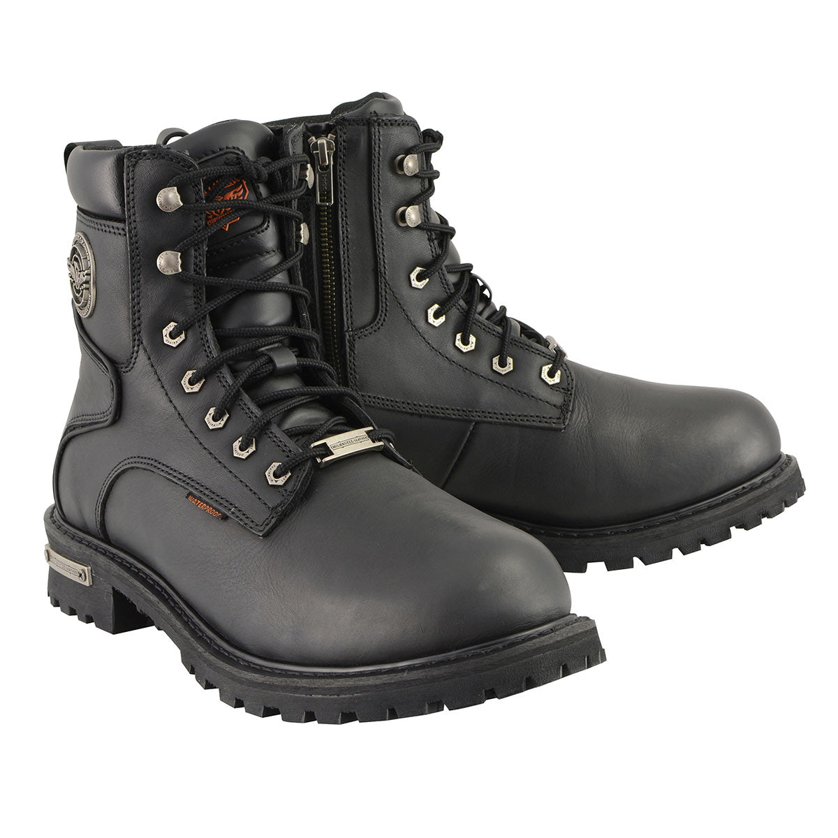 Men's Black Leather Wide Width 6-Inch Lace-Up Logger Waterproof Motorcycle Boots MBM9096WP