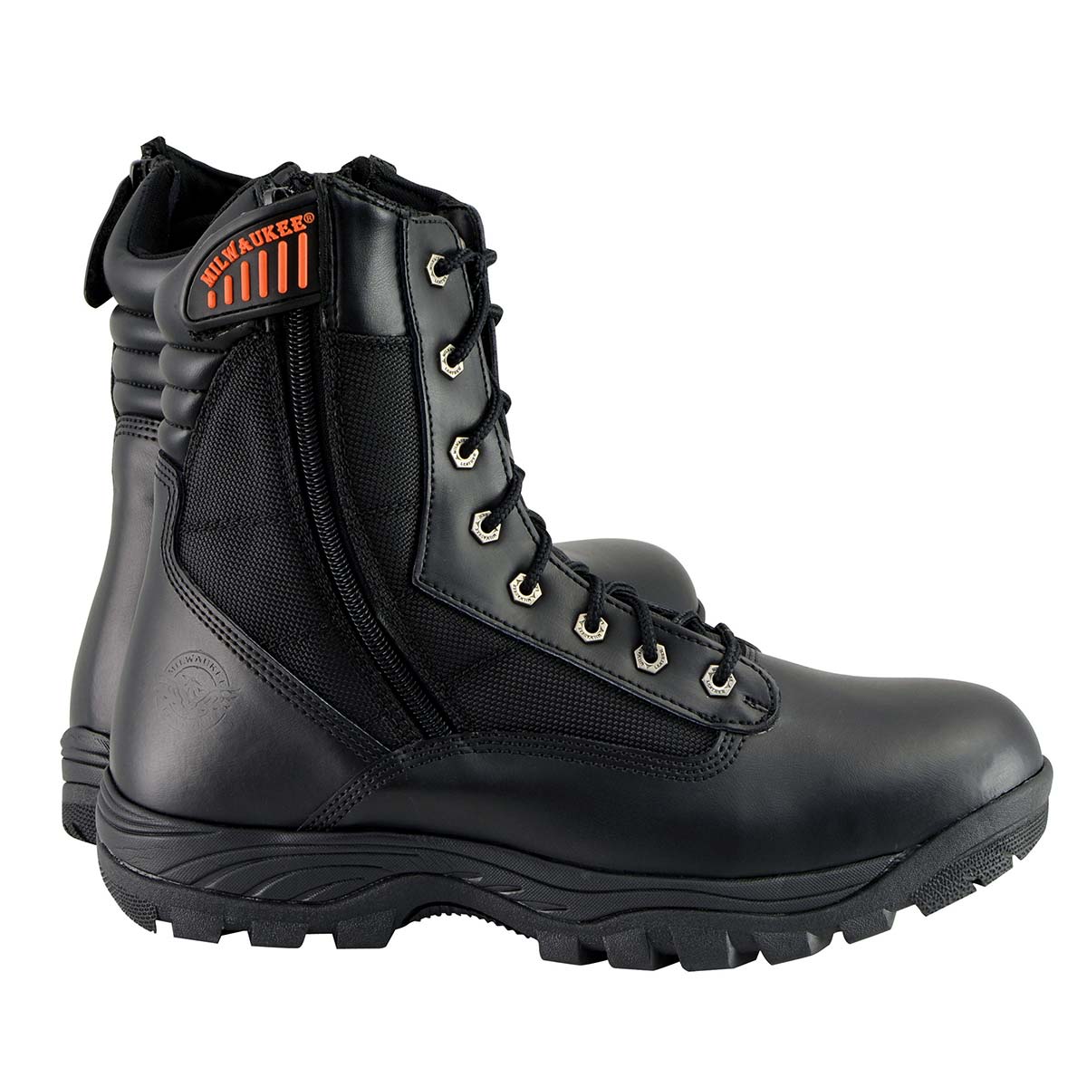 Men's 9-Inch Black Leather Lace-Up Tactical Motorcycle Boots w/ Side Zipper MBM9110