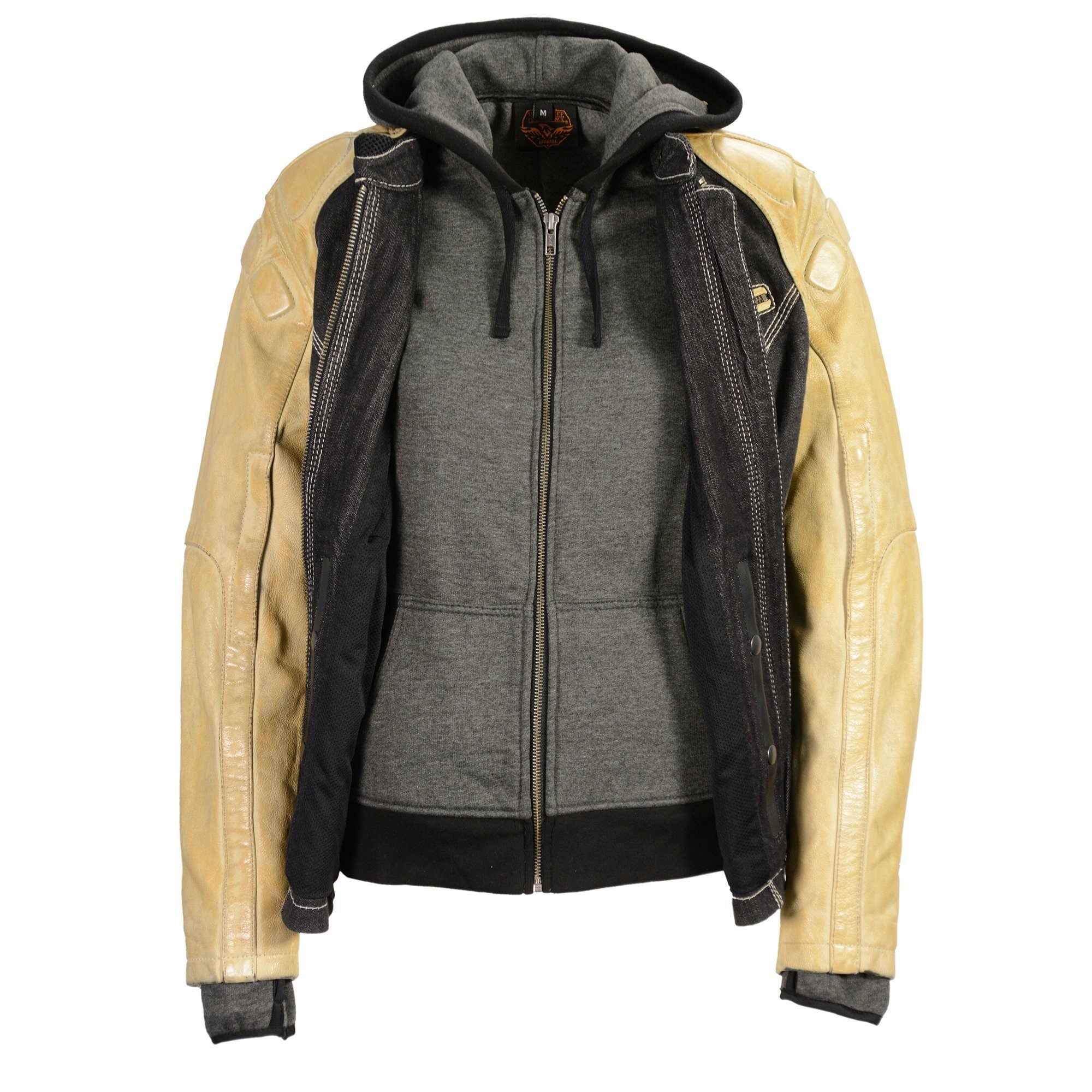 MDL2005 Ladies Hooded Two Tone Black and Beige Denim and Leather Scuba Jacket