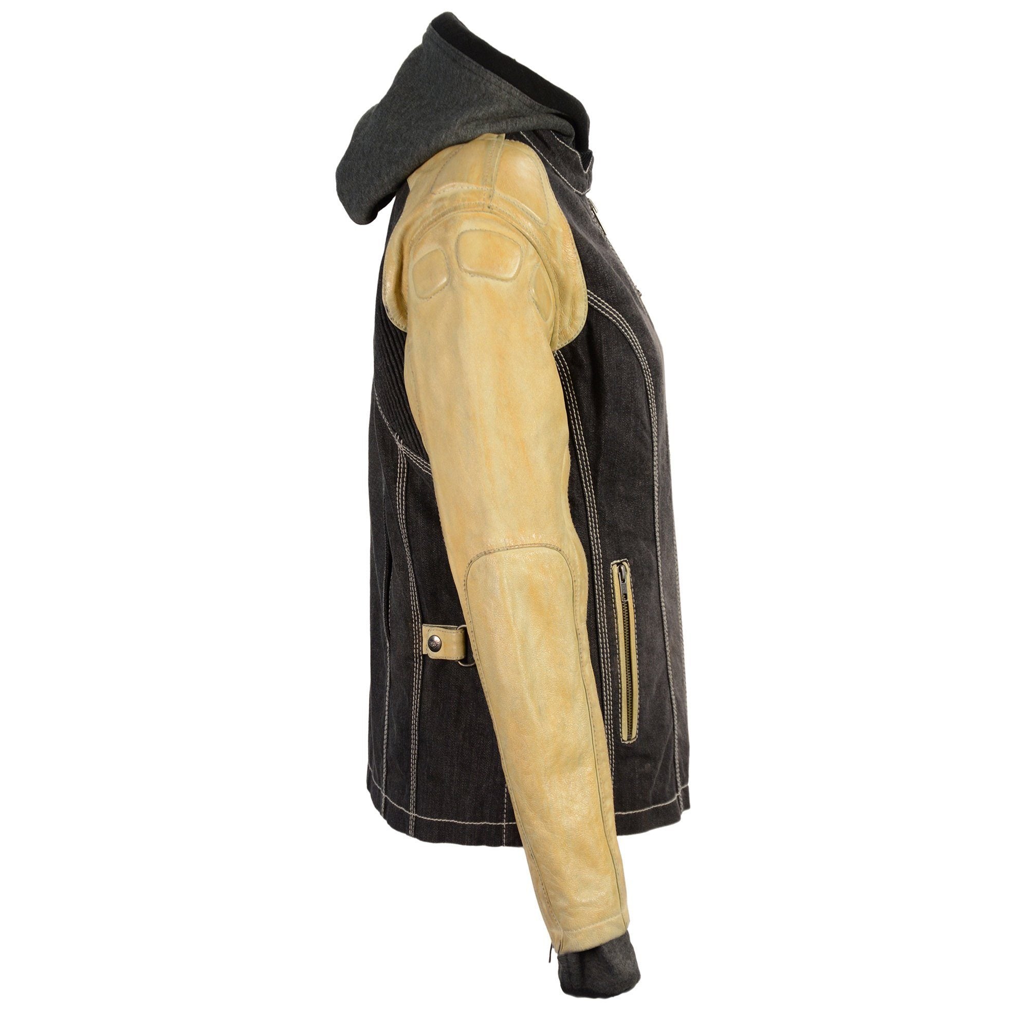 MDL2005 Ladies Hooded Two Tone Black and Beige Denim and Leather Scuba Jacket